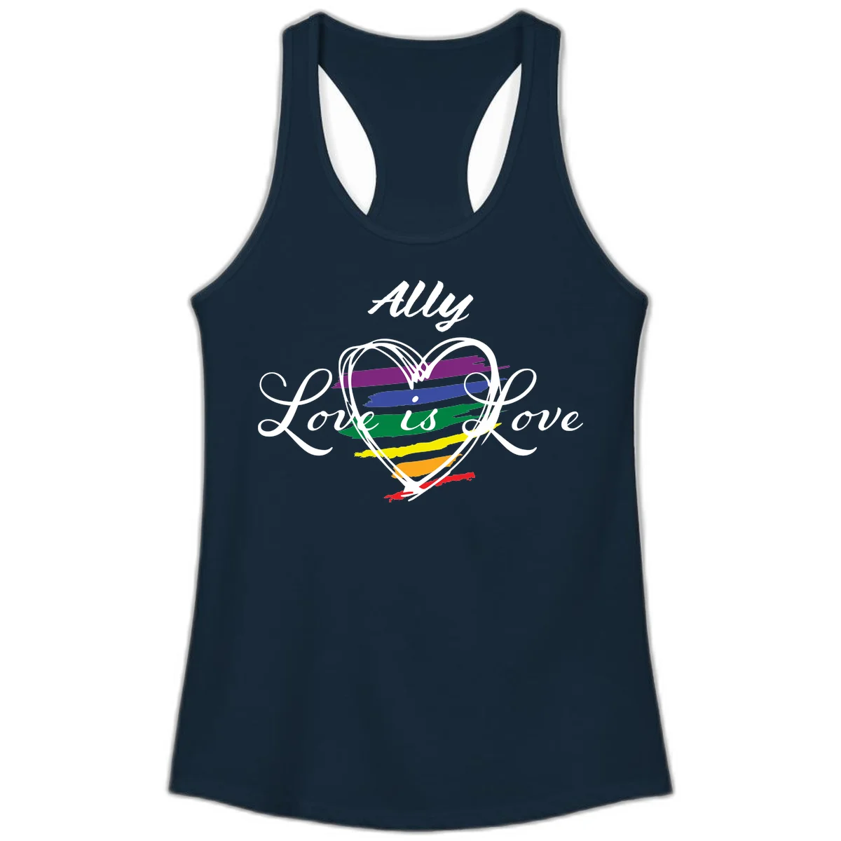 White outlined heart with rainbow stripes and 'Ally Love is love' text for pride support in Solid Midnight Navy