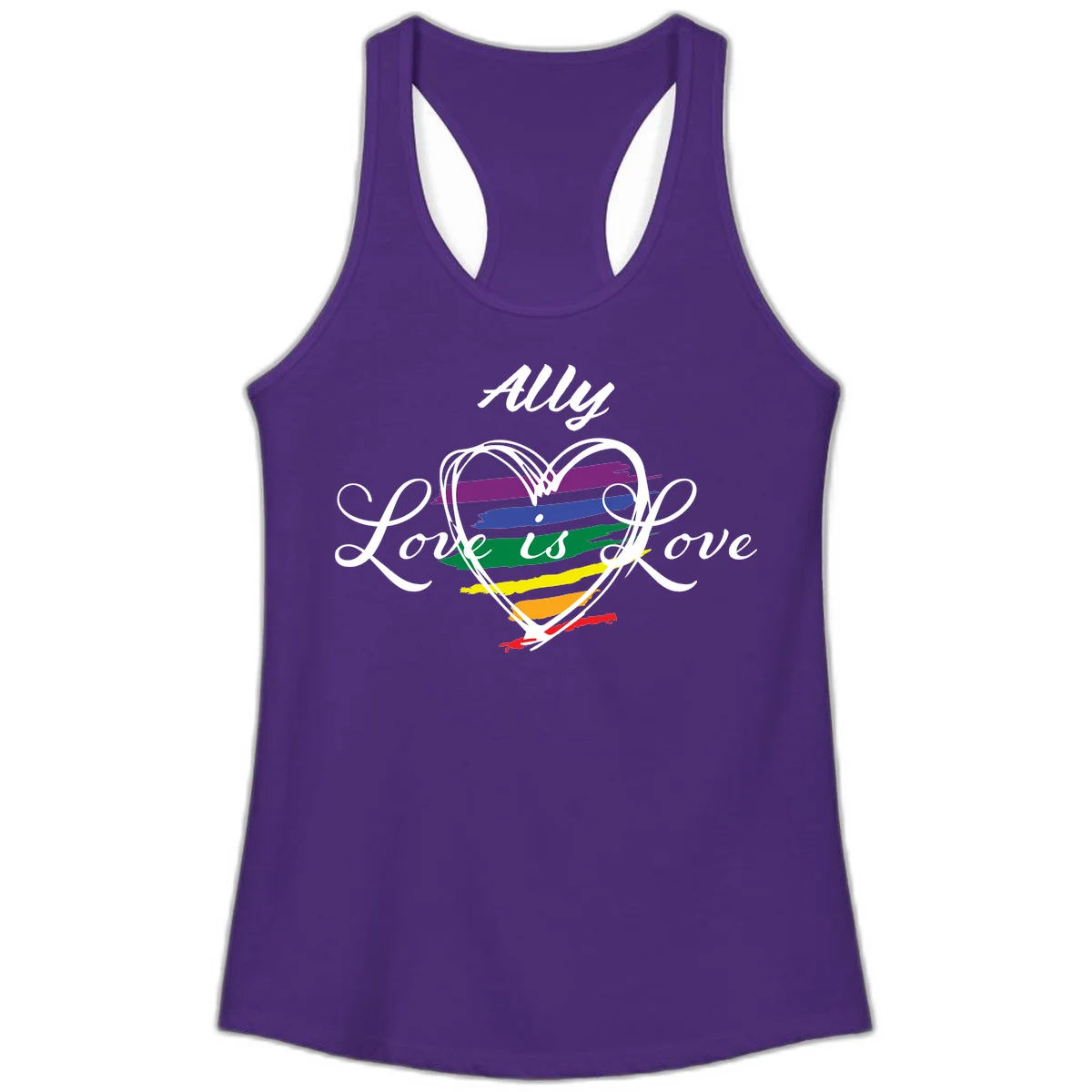 White outlined heart with rainbow stripes and 'Ally Love is love' text for pride support in Solid Purple Rush