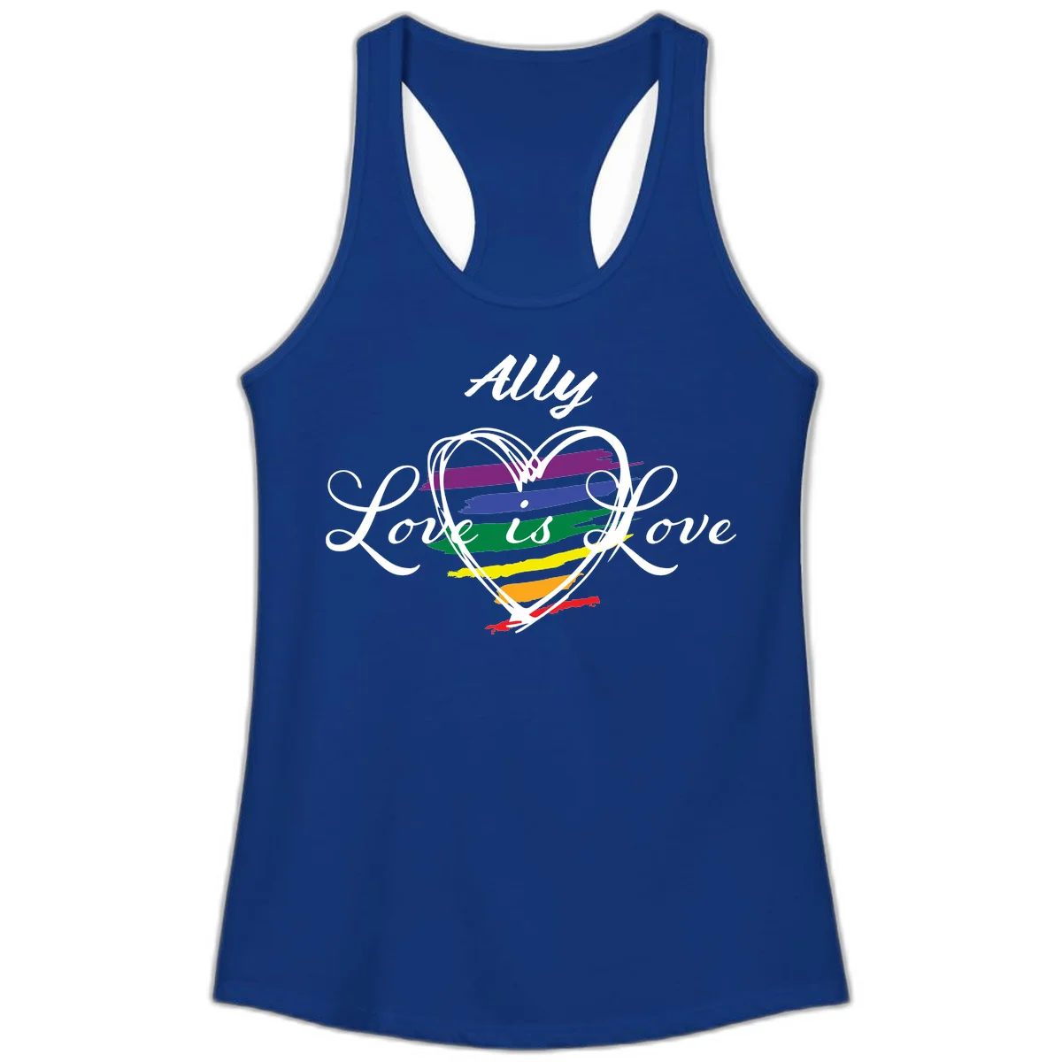 White outlined heart with rainbow stripes and 'Ally Love is love' text for pride support in Solid Royal