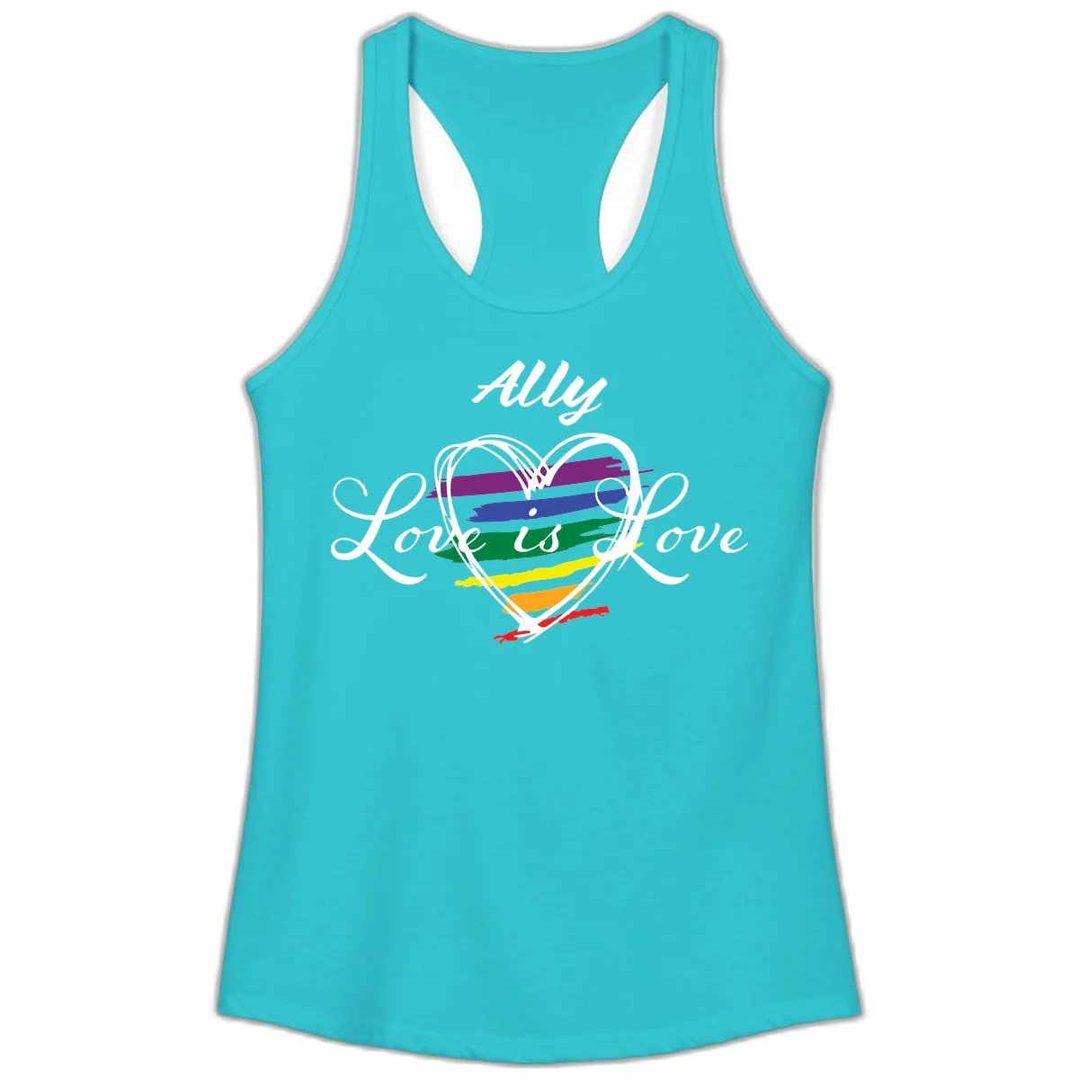 White outlined heart with rainbow stripes and 'Ally Love is love' text for pride support in Solid Tahiti Blue
