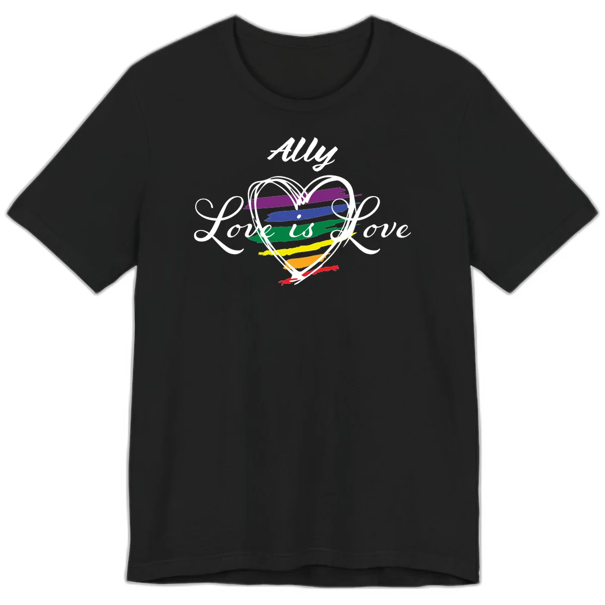 White outlined heart with rainbow stripes and 'Ally Love is love' text for pride support in Black