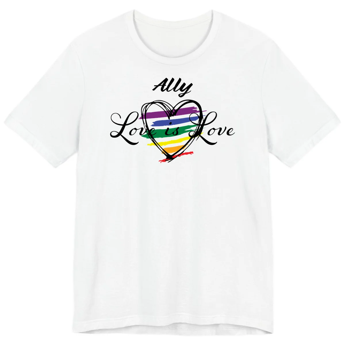 White outlined heart with rainbow stripes and 'Ally Love is love' text for pride support in White