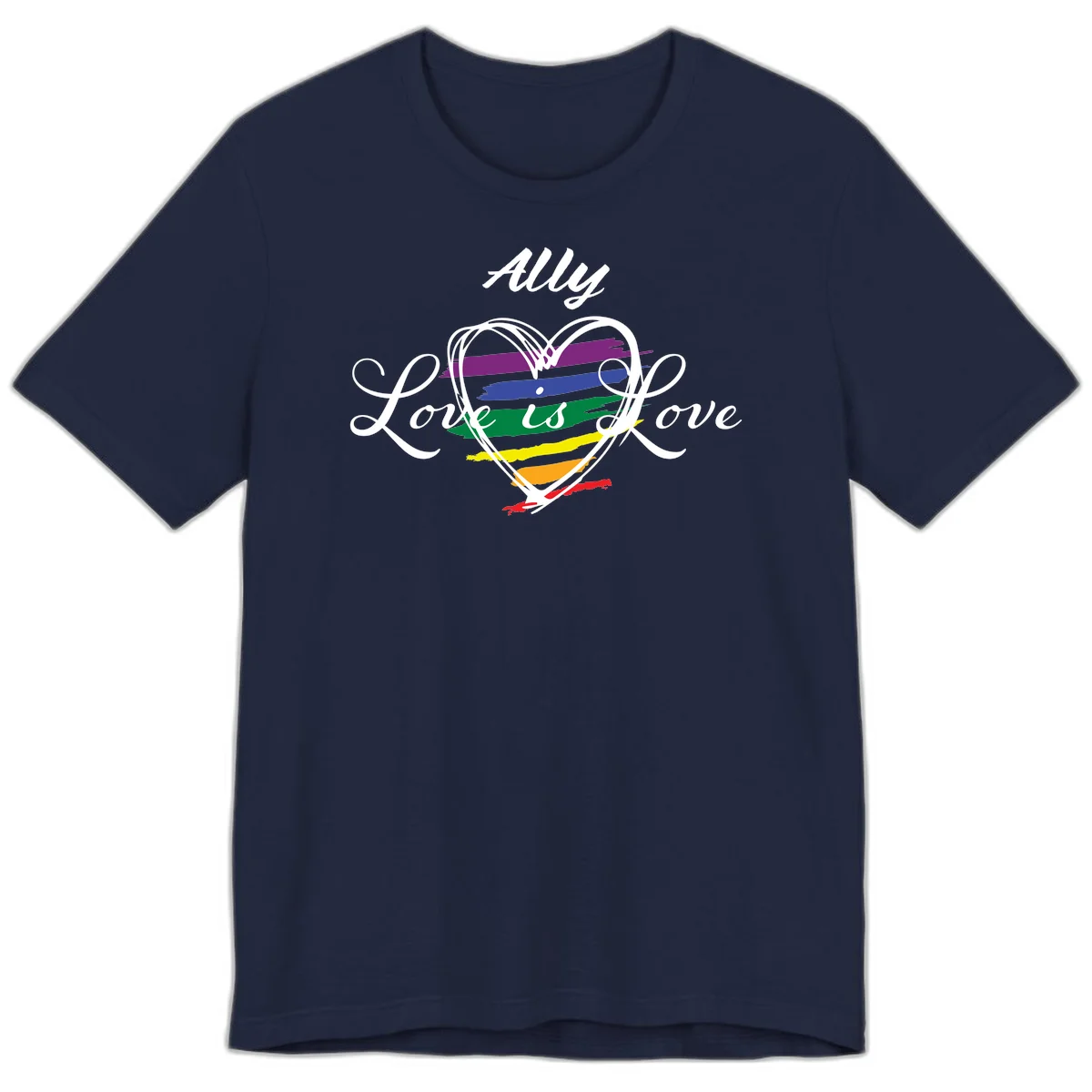 White outlined heart with rainbow stripes and 'Ally Love is love' text for pride support in Navy