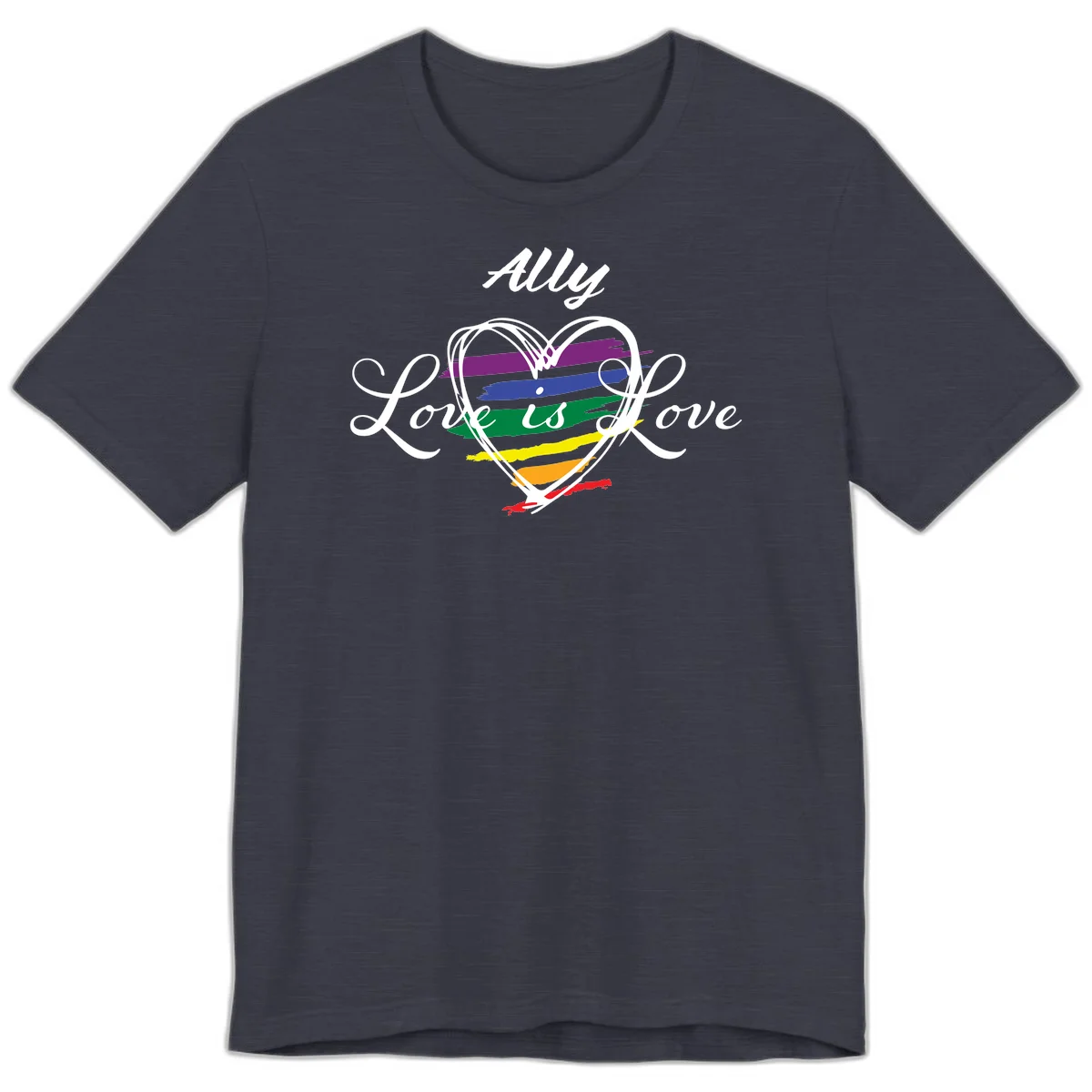 White outlined heart with rainbow stripes and 'Ally Love is love' text for pride support in Heather Midnight Navy