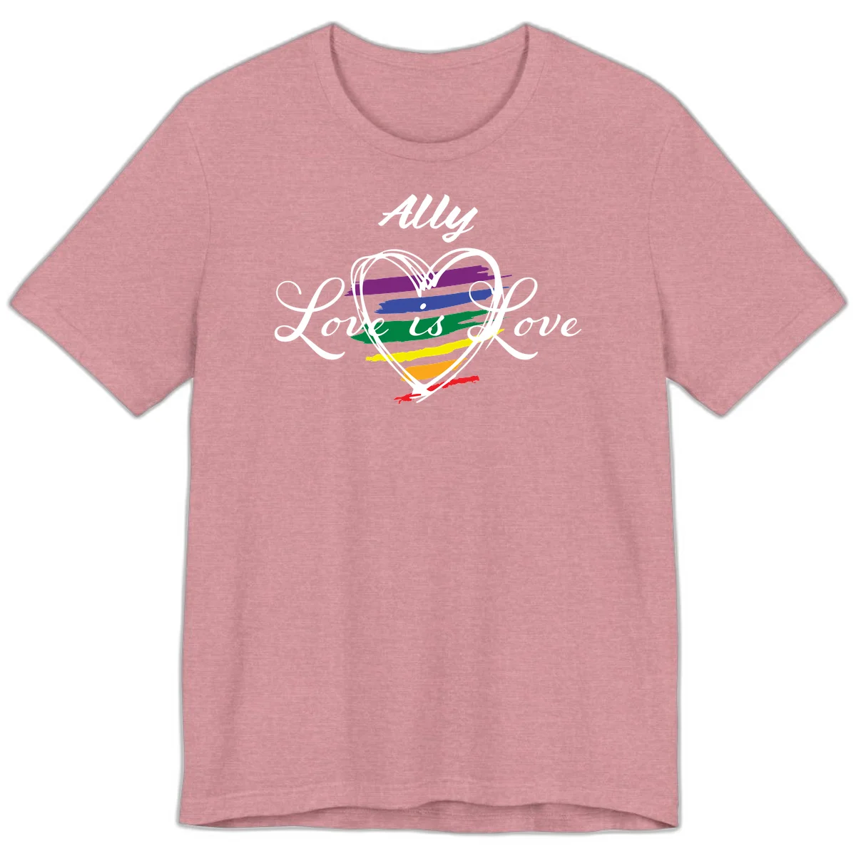 White outlined heart with rainbow stripes and 'Ally Love is love' text for pride support in Heather Orchid