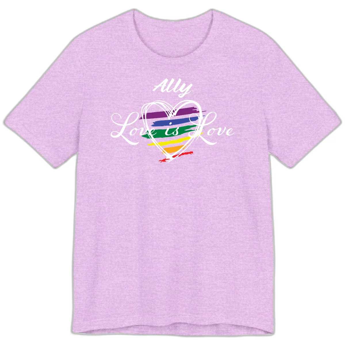 White outlined heart with rainbow stripes and 'Ally Love is love' text for pride support in Heather Prism Lilac