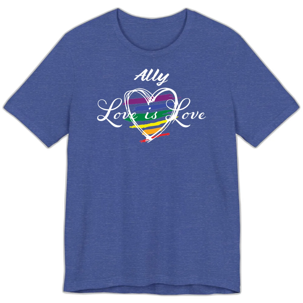 White outlined heart with rainbow stripes and 'Ally Love is love' text for pride support in Heather True Royal