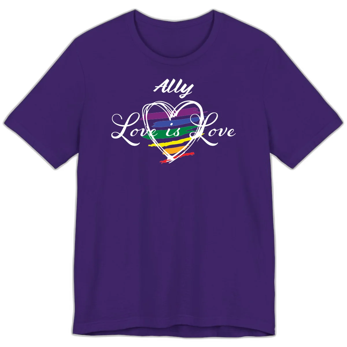 White outlined heart with rainbow stripes and 'Ally Love is love' text for pride support in Team Purple