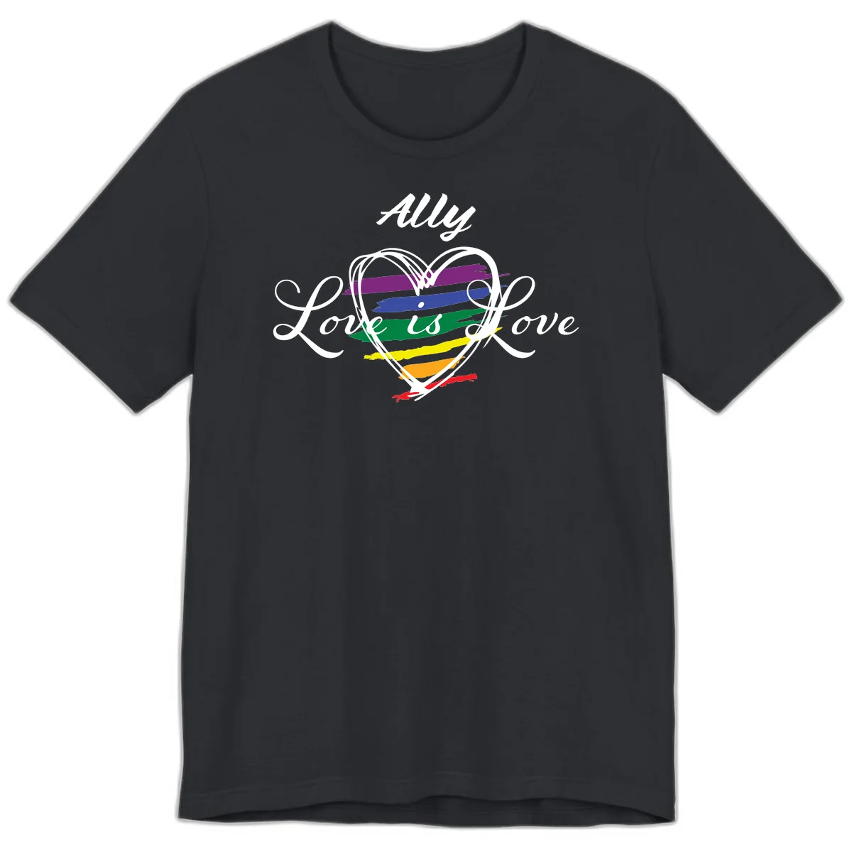 White outlined heart with rainbow stripes and 'Ally Love is love' text for pride support in Vintage Black