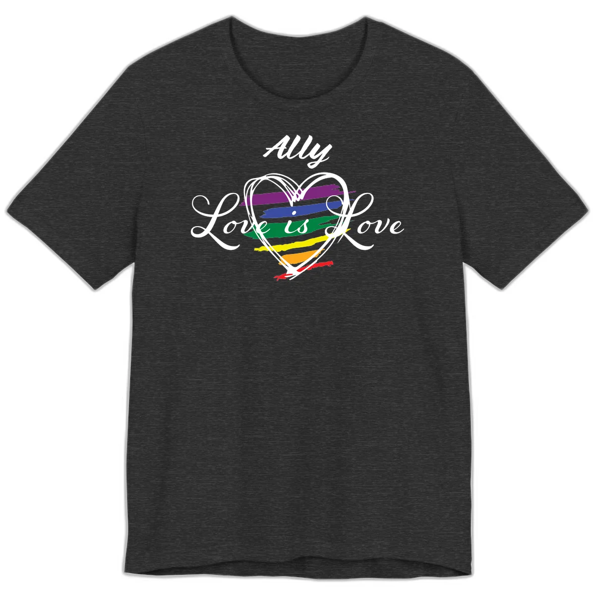 White outlined heart with rainbow stripes and 'Ally Love is love' text for pride support in Dark Grey Heather