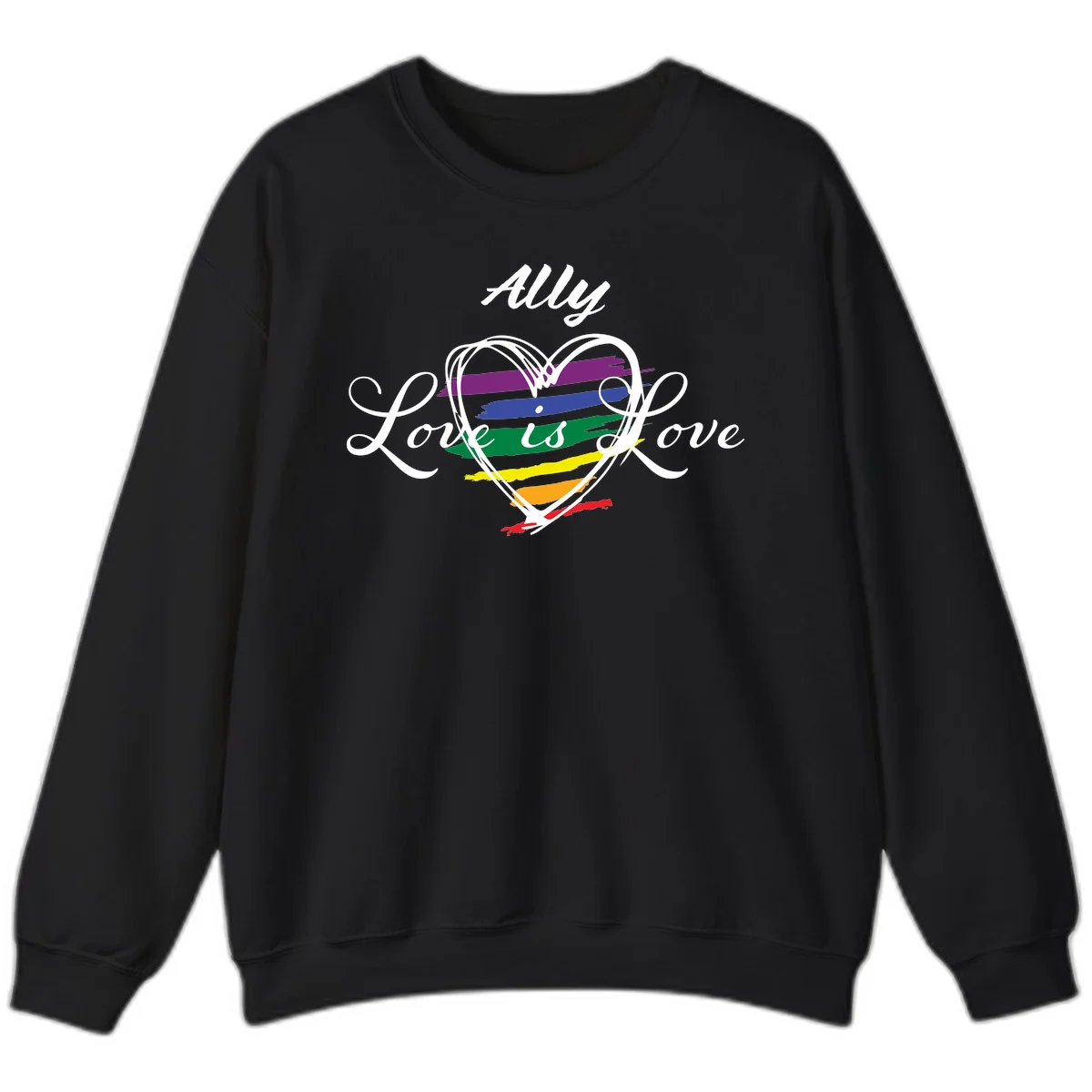 White outlined heart with rainbow stripes and 'Ally Love is love' text for pride support in Black