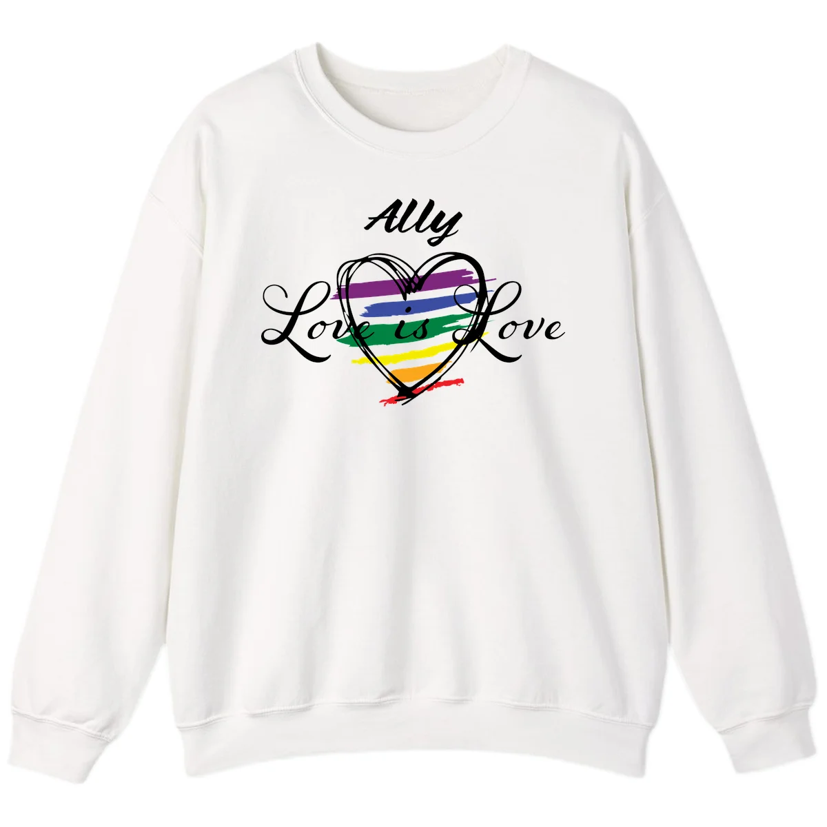 White outlined heart with rainbow stripes and 'Ally Love is love' text for pride support in White