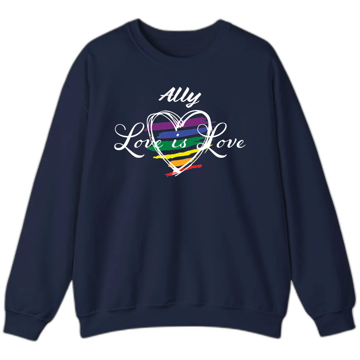 White outlined heart with rainbow stripes and 'Ally Love is love' text for pride support in Navy