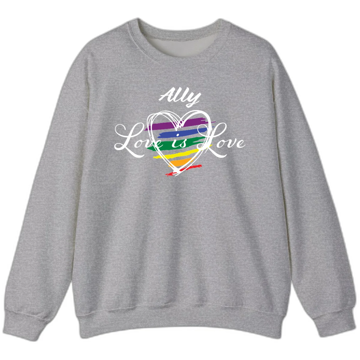 White outlined heart with rainbow stripes and 'Ally Love is love' text for pride support in Sport Grey