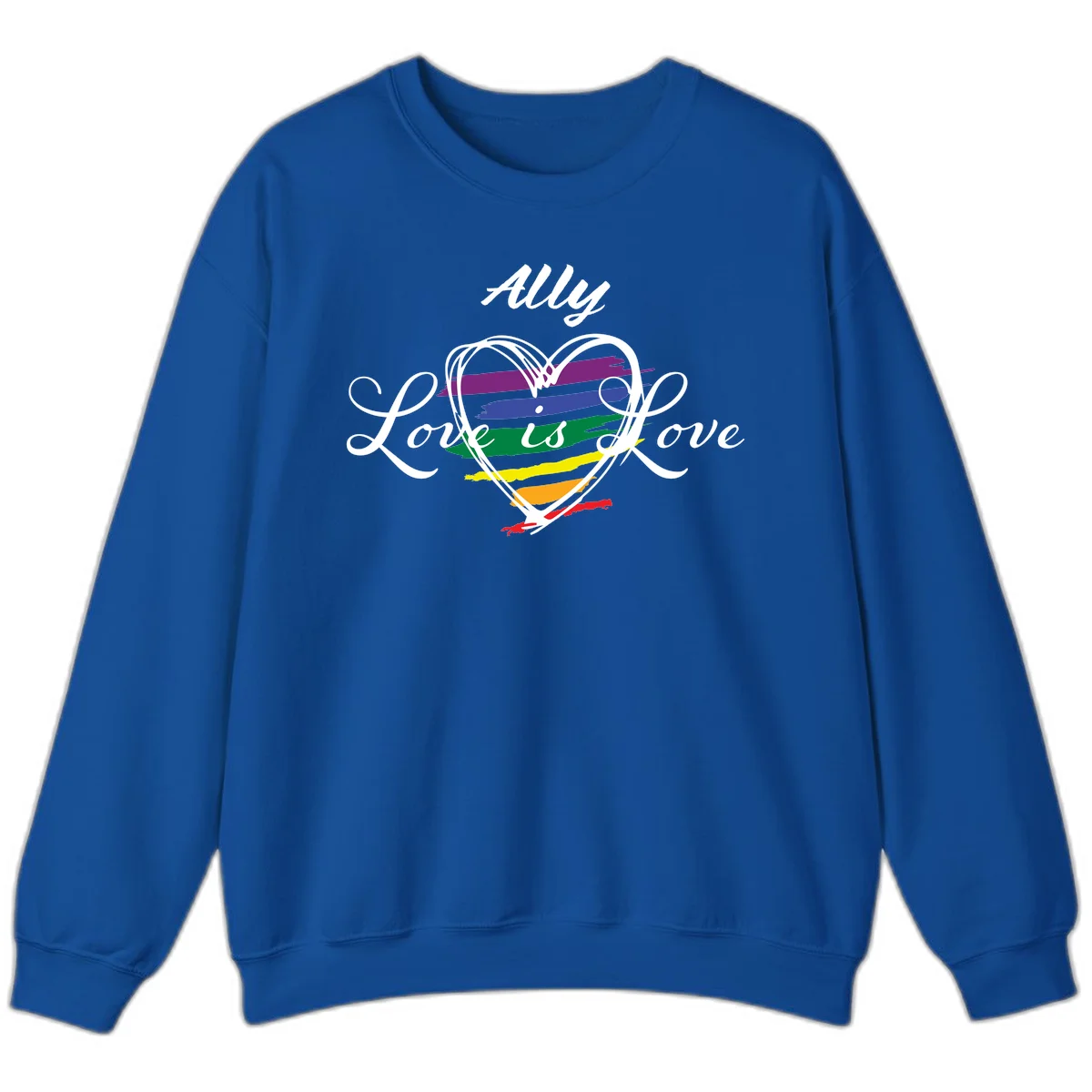White outlined heart with rainbow stripes and 'Ally Love is love' text for pride support in Royal