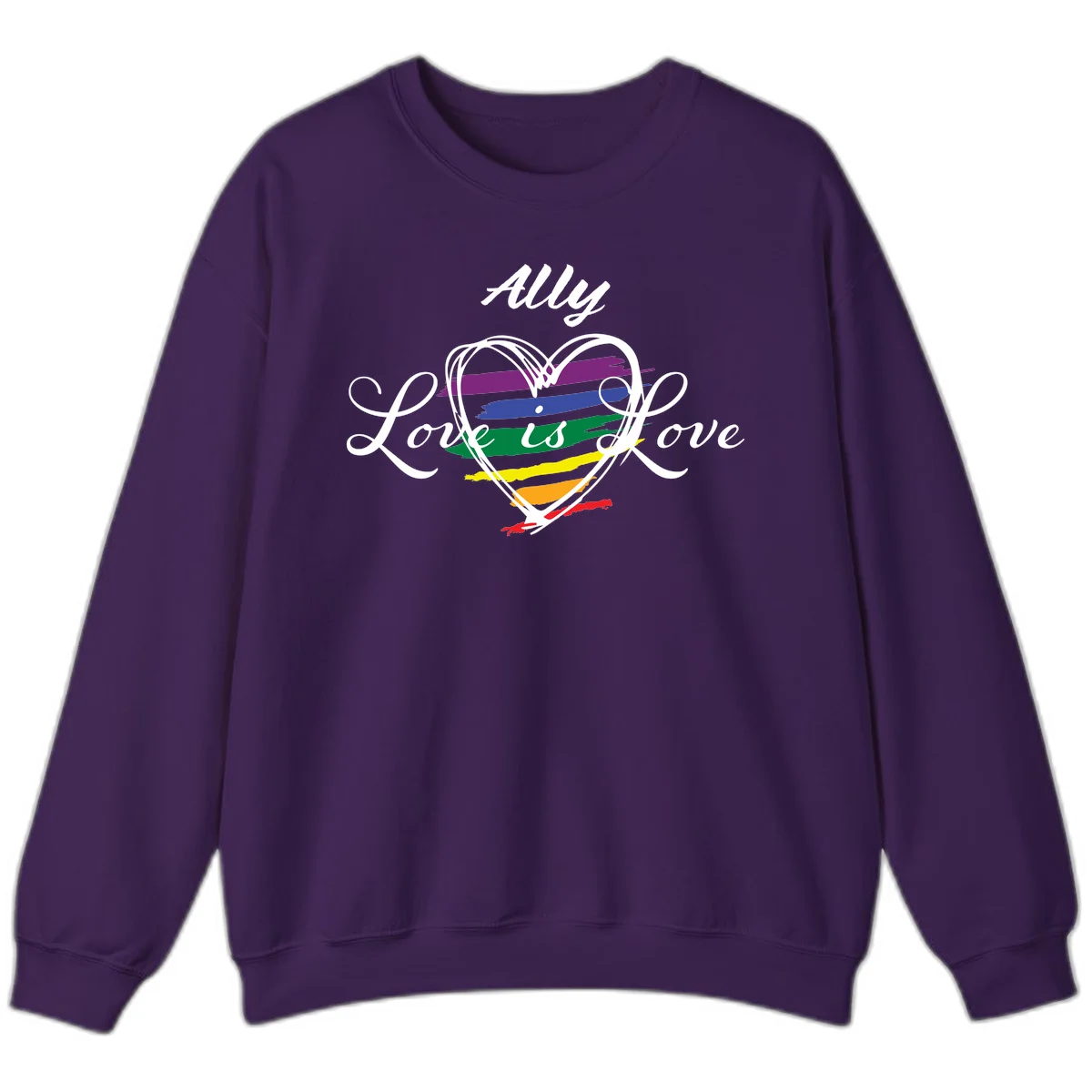 White outlined heart with rainbow stripes and 'Ally Love is love' text for pride support in Purple