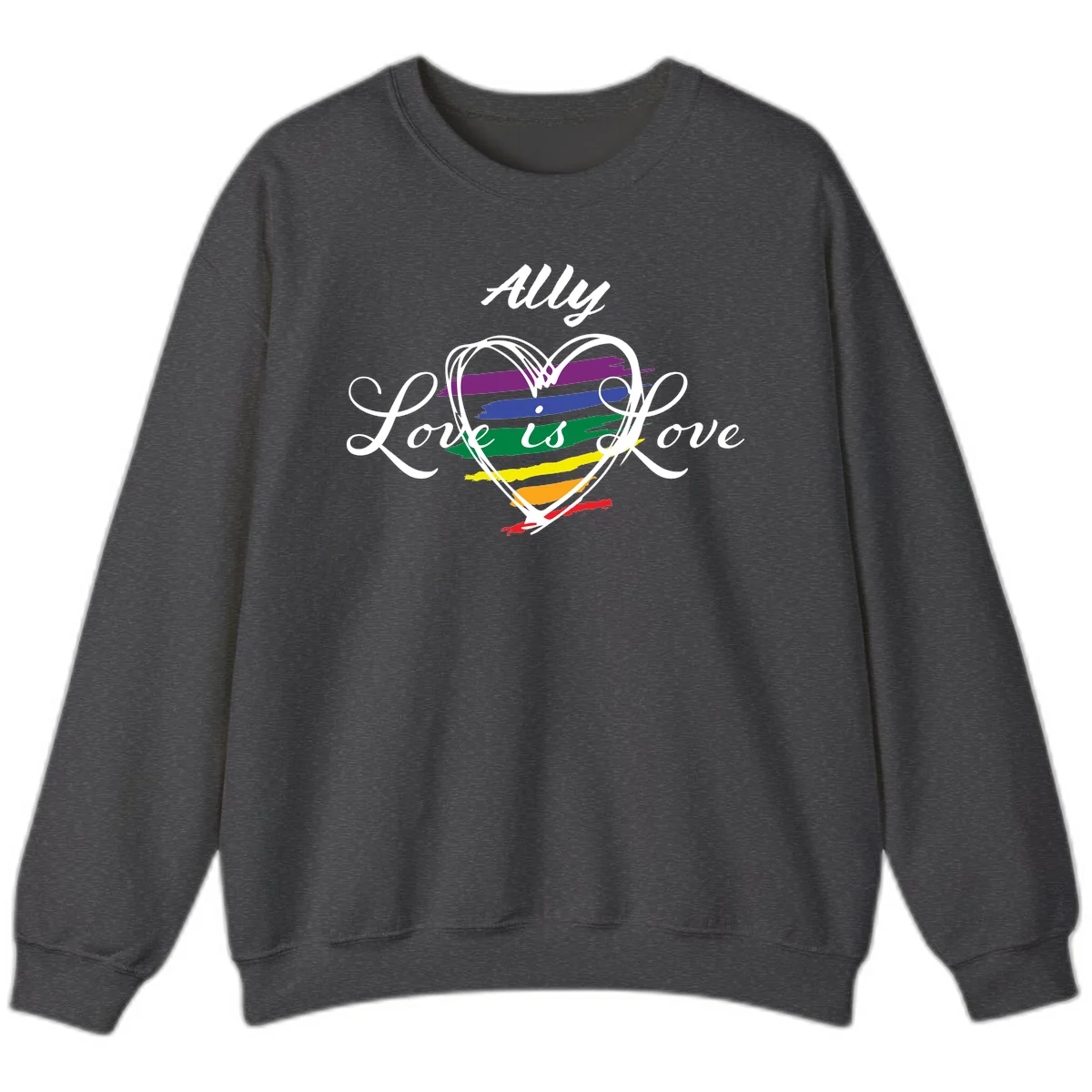 White outlined heart with rainbow stripes and 'Ally Love is love' text for pride support in Dark Heather