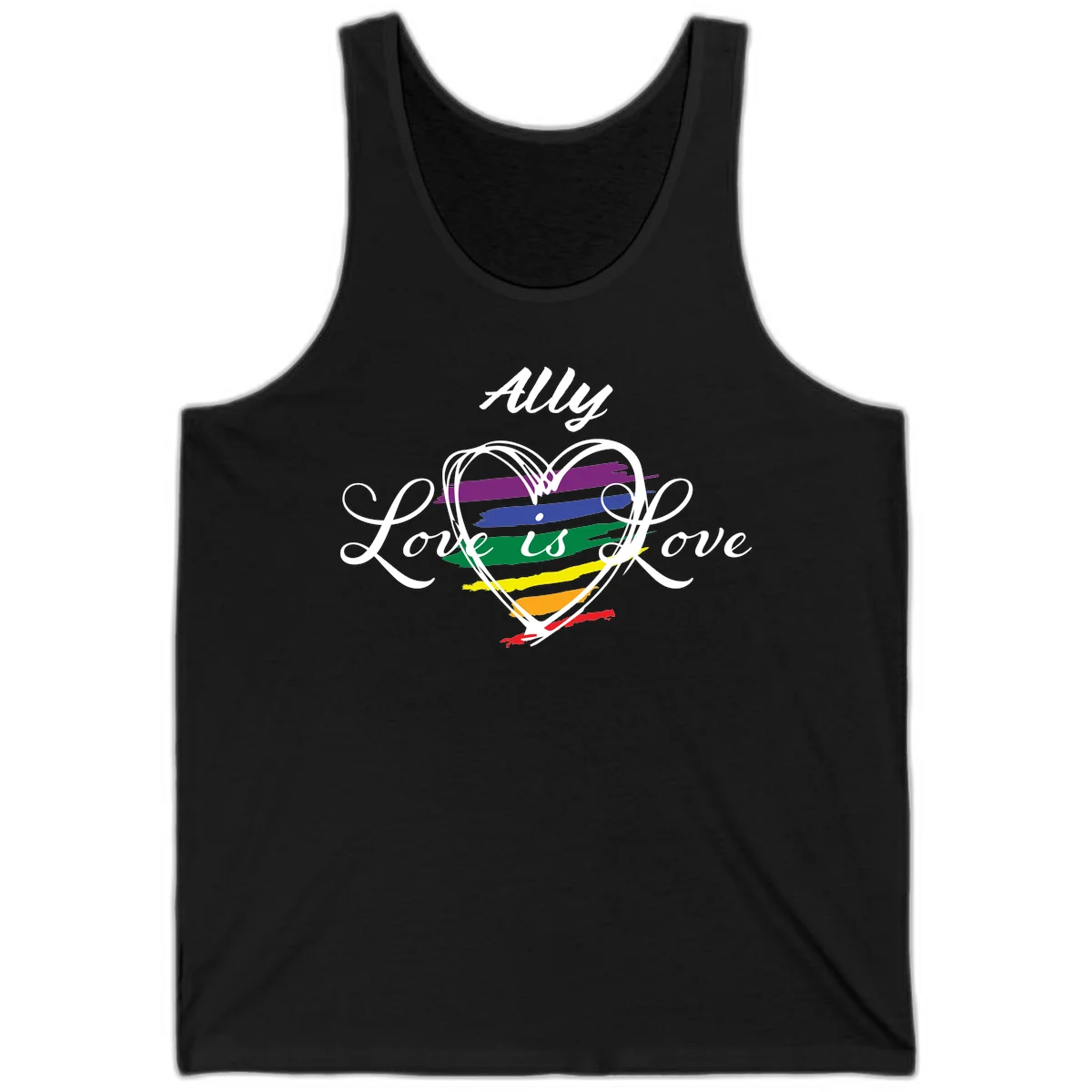 White outlined heart with rainbow stripes and 'Ally Love is love' text for pride support in Black