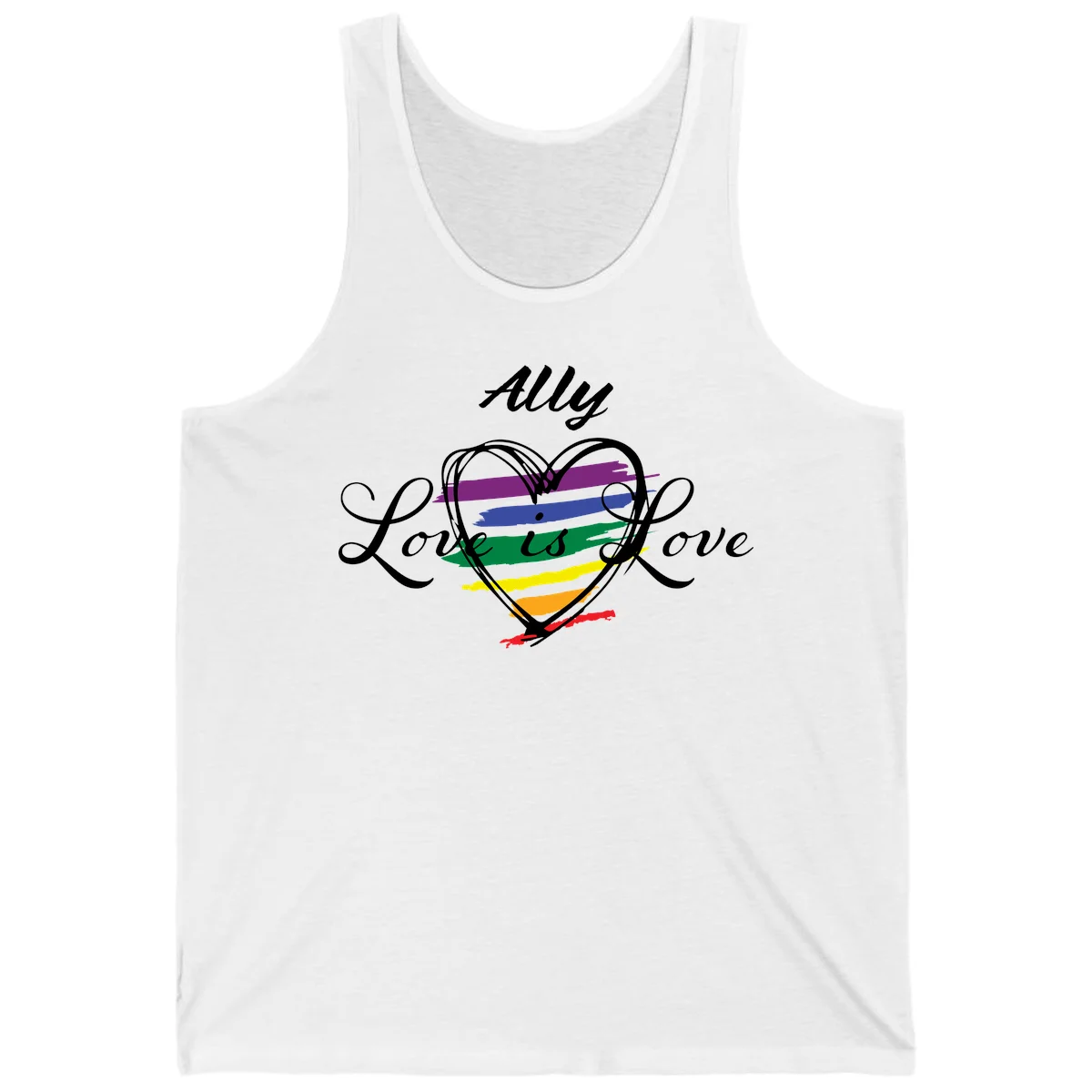 White outlined heart with rainbow stripes and 'Ally Love is love' text for pride support in White