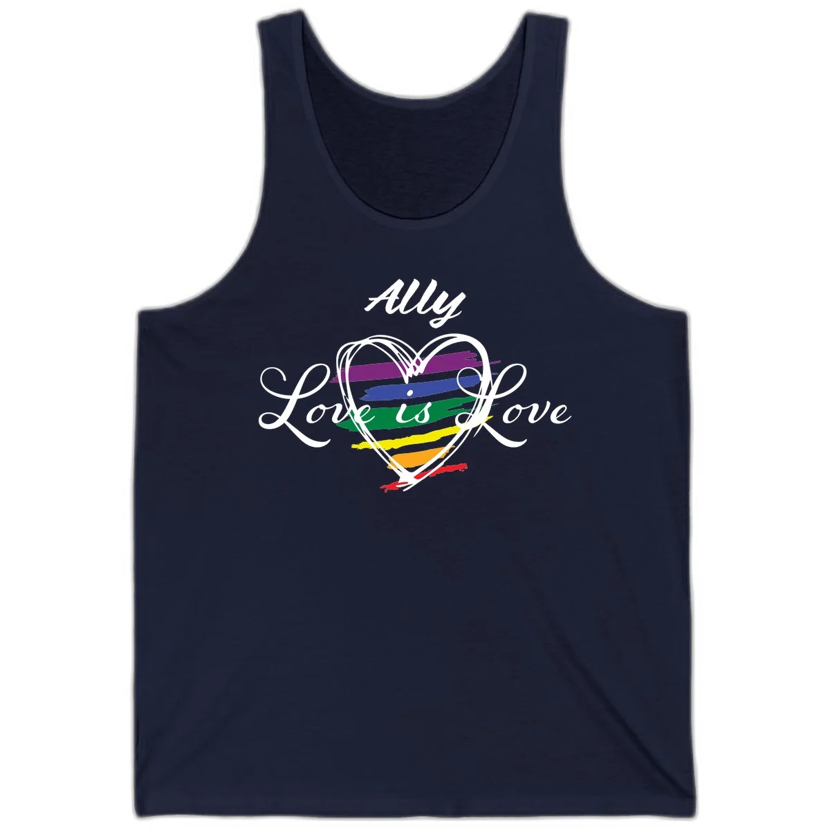 White outlined heart with rainbow stripes and 'Ally Love is love' text for pride support in Navy