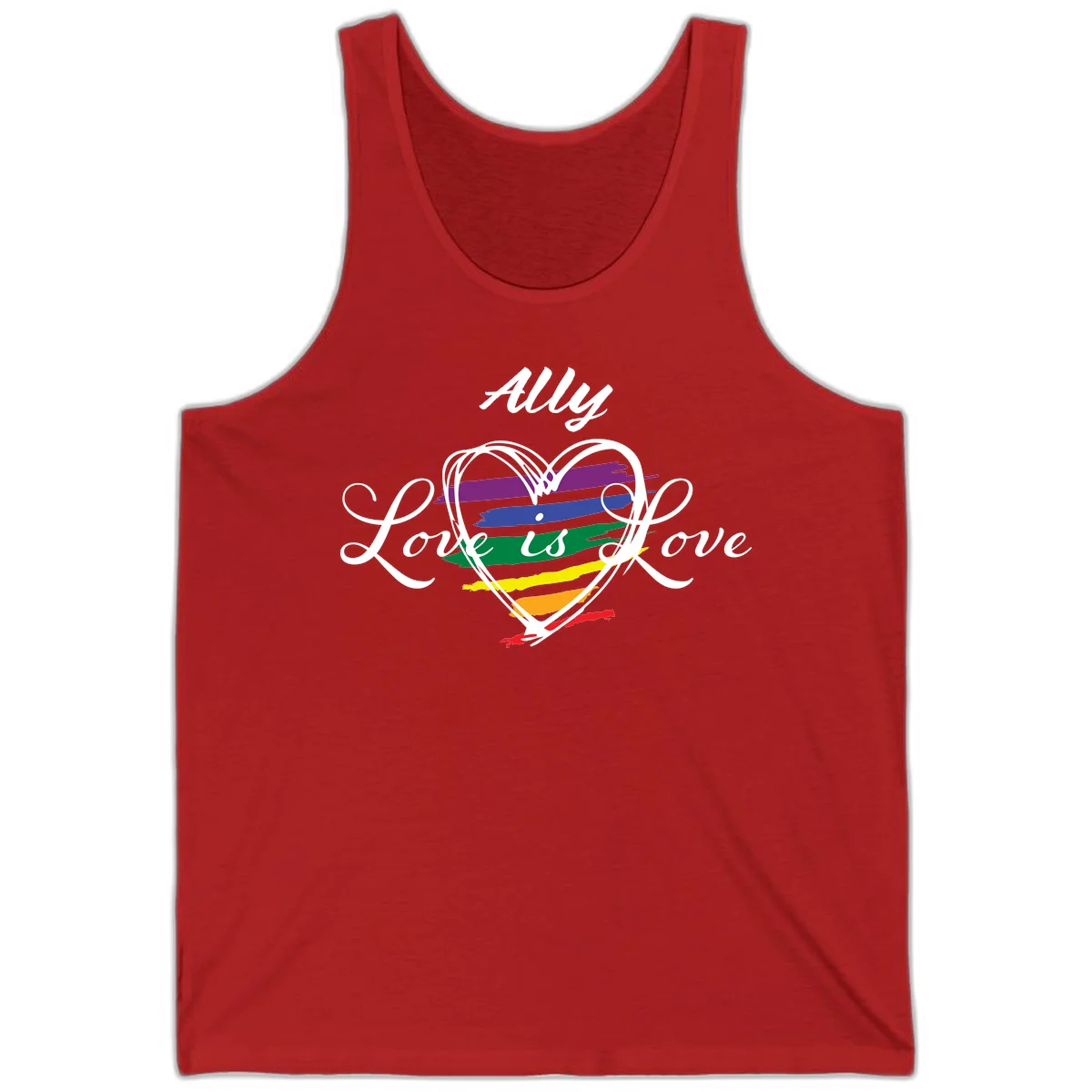 White outlined heart with rainbow stripes and 'Ally Love is love' text for pride support in Red