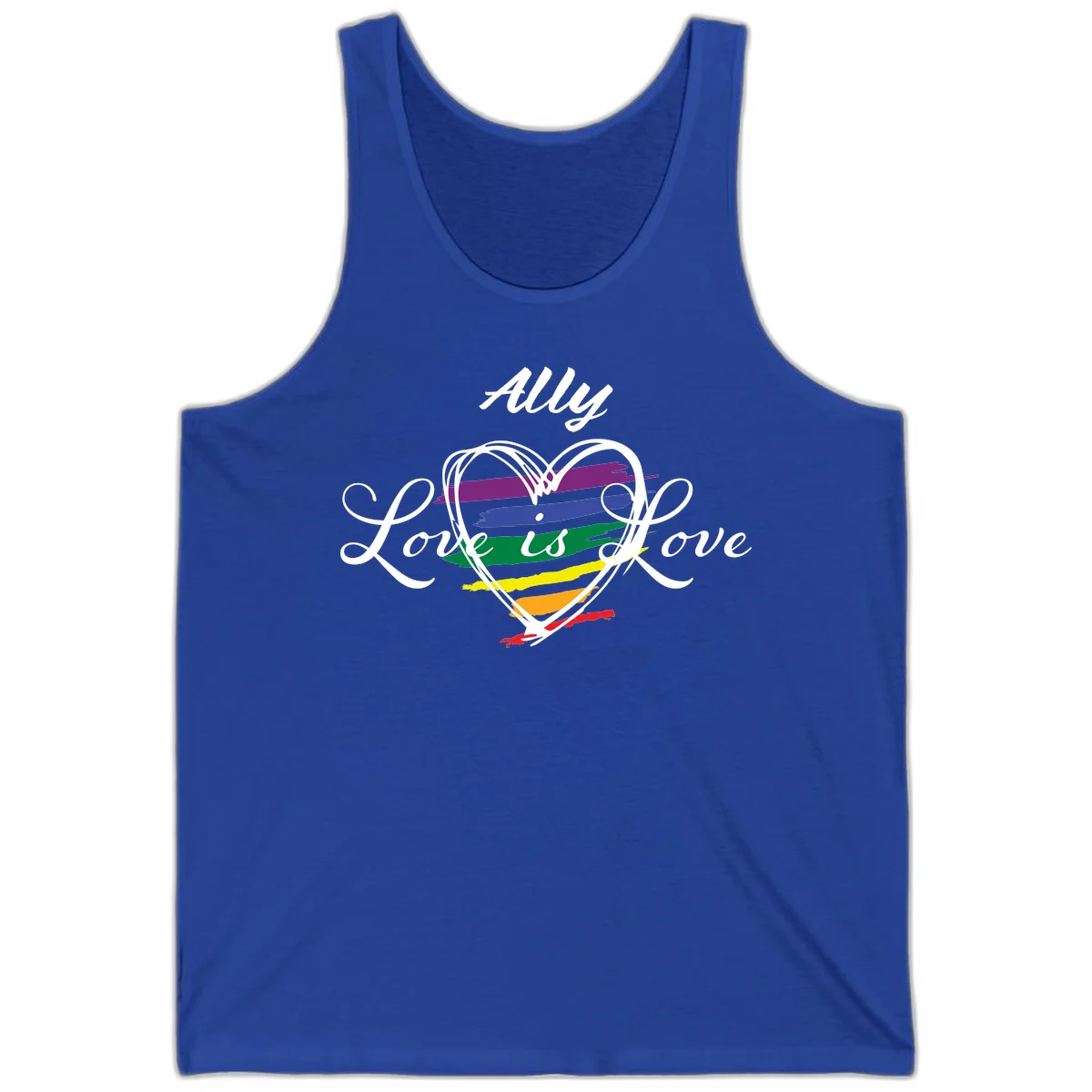 White outlined heart with rainbow stripes and 'Ally Love is love' text for pride support in True Royal