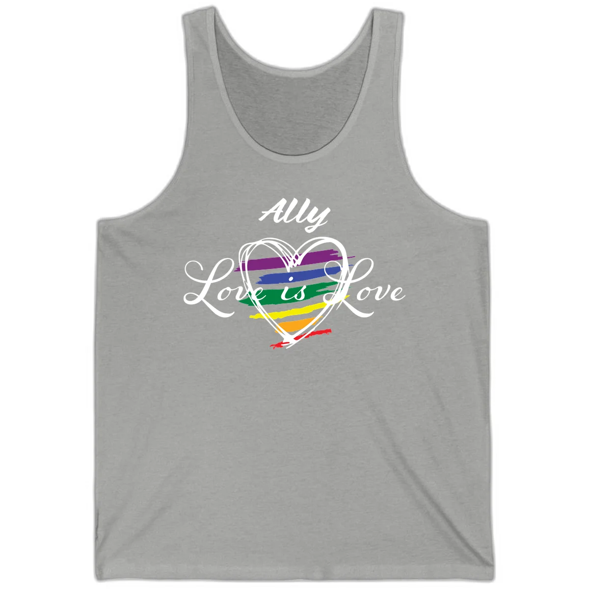 White outlined heart with rainbow stripes and 'Ally Love is love' text for pride support in Athletic Heather