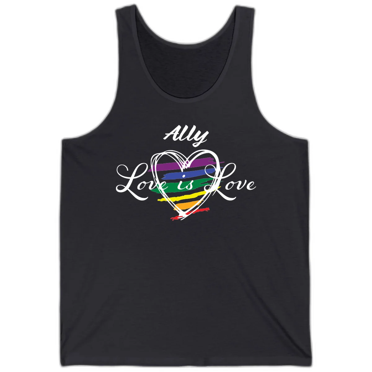 White outlined heart with rainbow stripes and 'Ally Love is love' text for pride support in Dark Grey