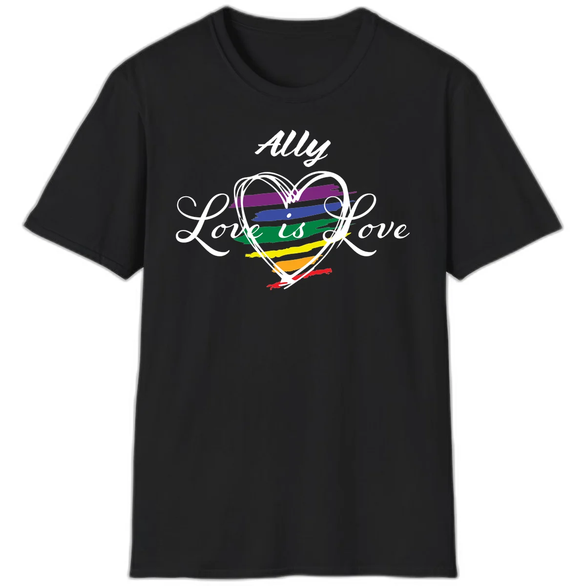 White outlined heart with rainbow stripes and 'Ally Love is love' text for pride support in Black