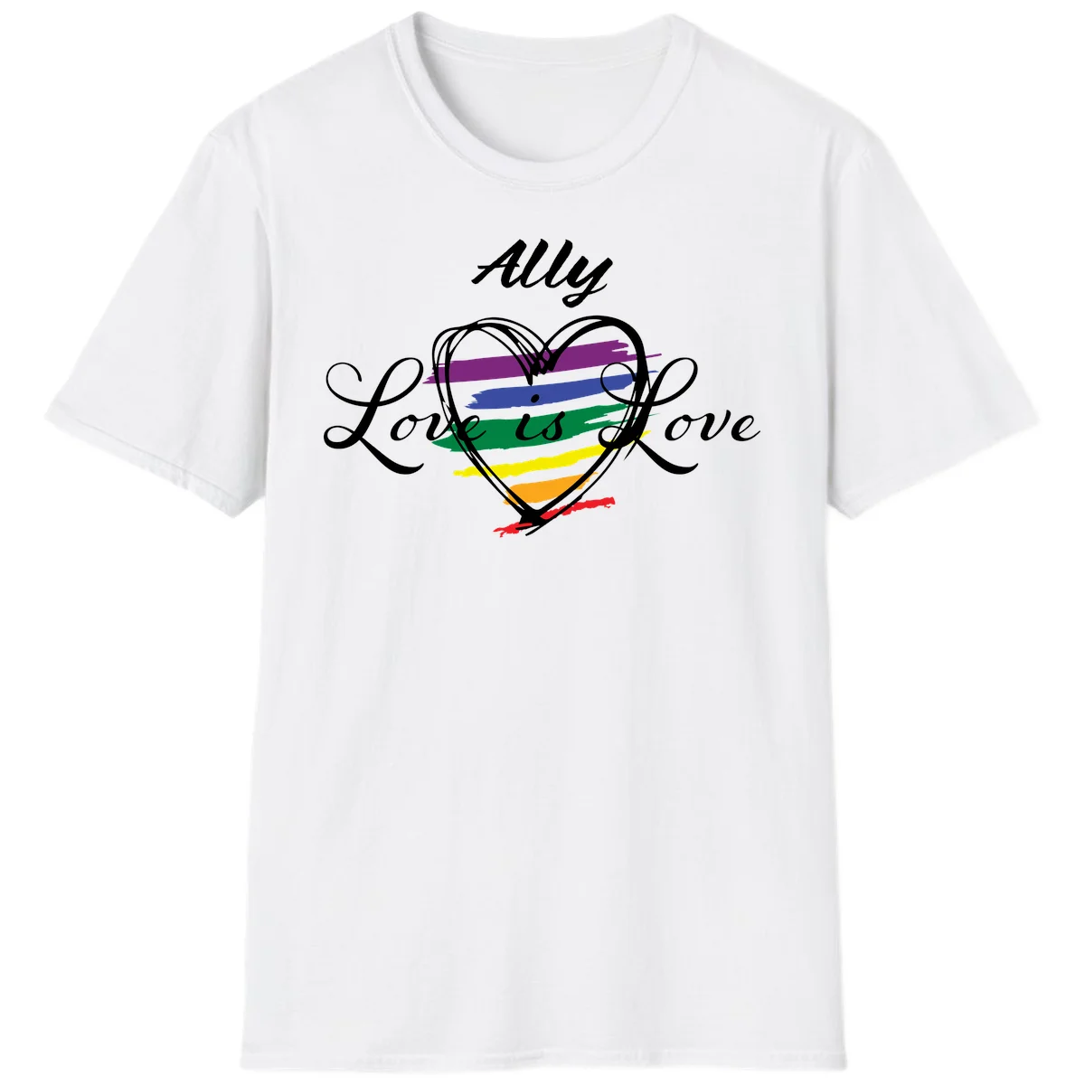 White outlined heart with rainbow stripes and 'Ally Love is love' text for pride support in White