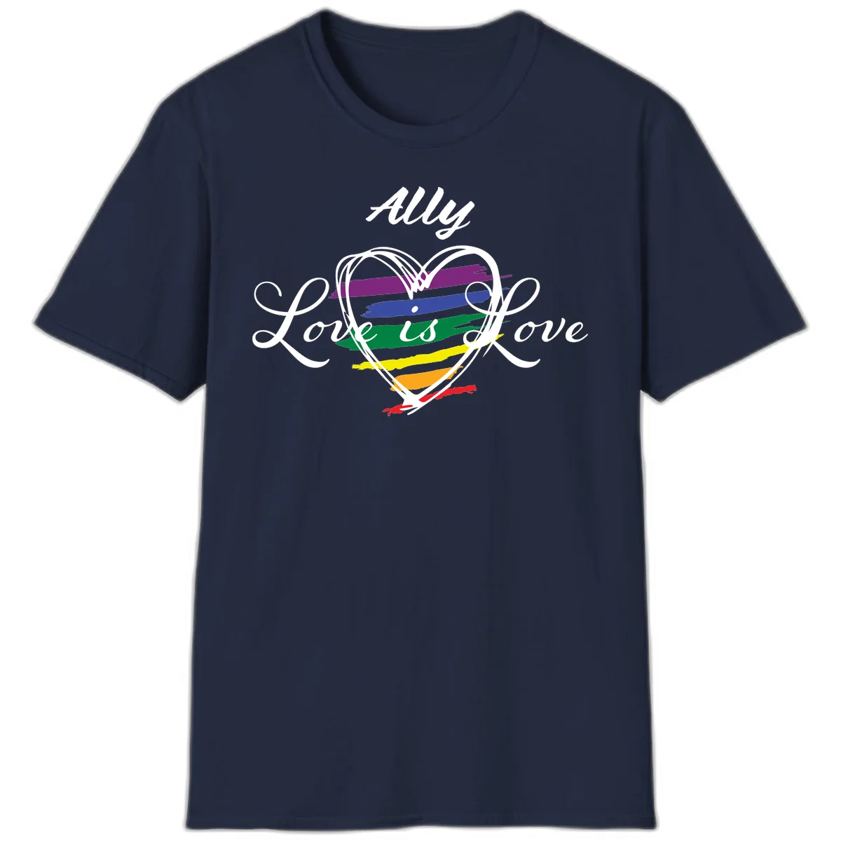 White outlined heart with rainbow stripes and 'Ally Love is love' text for pride support in Navy