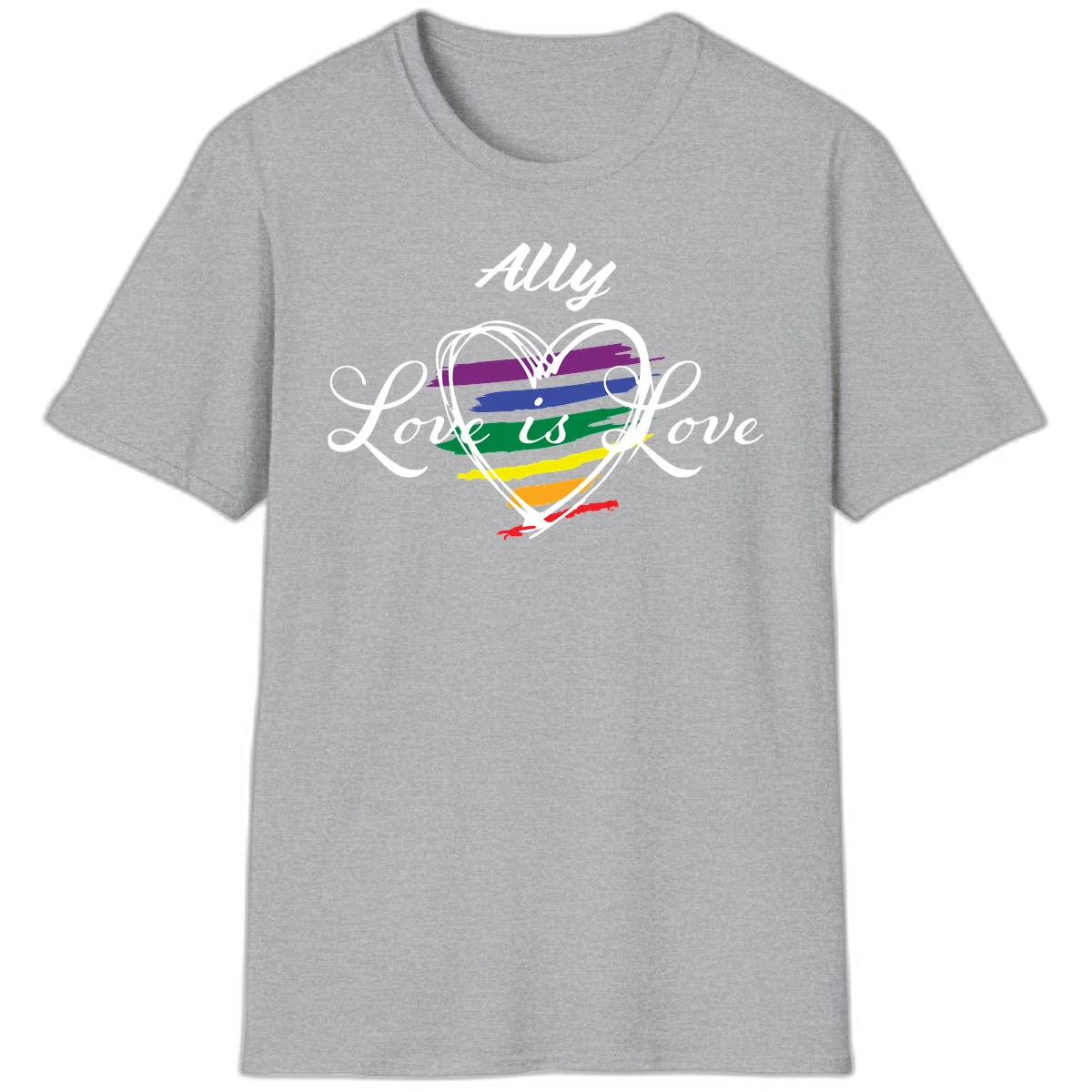 White outlined heart with rainbow stripes and 'Ally Love is love' text for pride support in Sport Grey