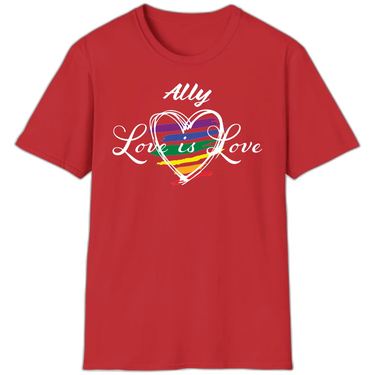 White outlined heart with rainbow stripes and 'Ally Love is love' text for pride support in Red