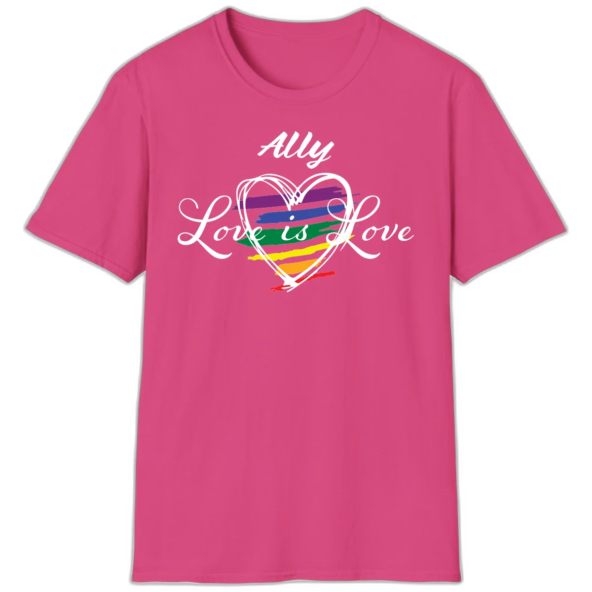 White outlined heart with rainbow stripes and 'Ally Love is love' text for pride support in Heliconia