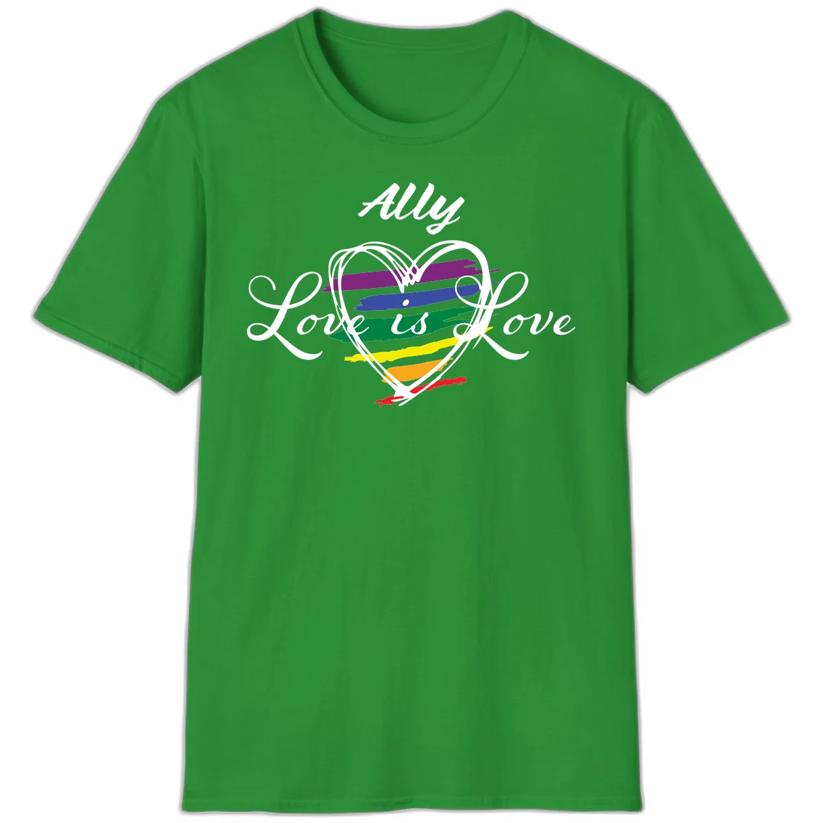 White outlined heart with rainbow stripes and 'Ally Love is love' text for pride support in Irish Green