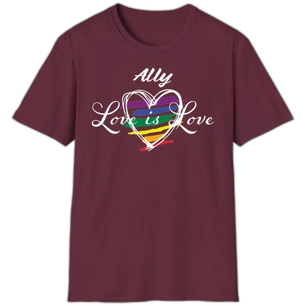 White outlined heart with rainbow stripes and 'Ally Love is love' text for pride support in Maroon