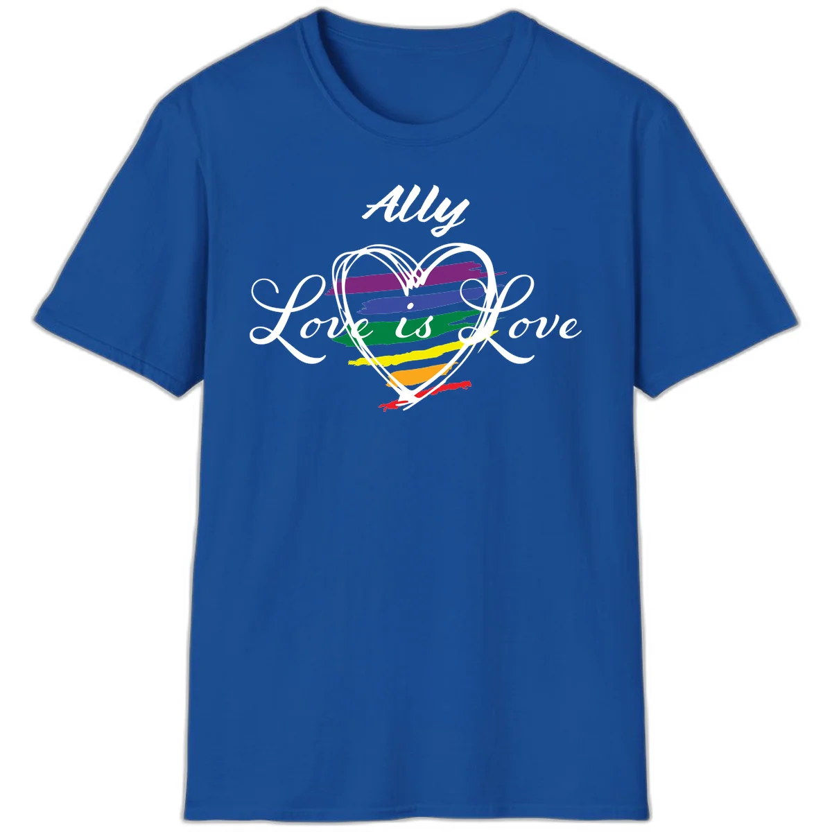 White outlined heart with rainbow stripes and 'Ally Love is love' text for pride support in Royal