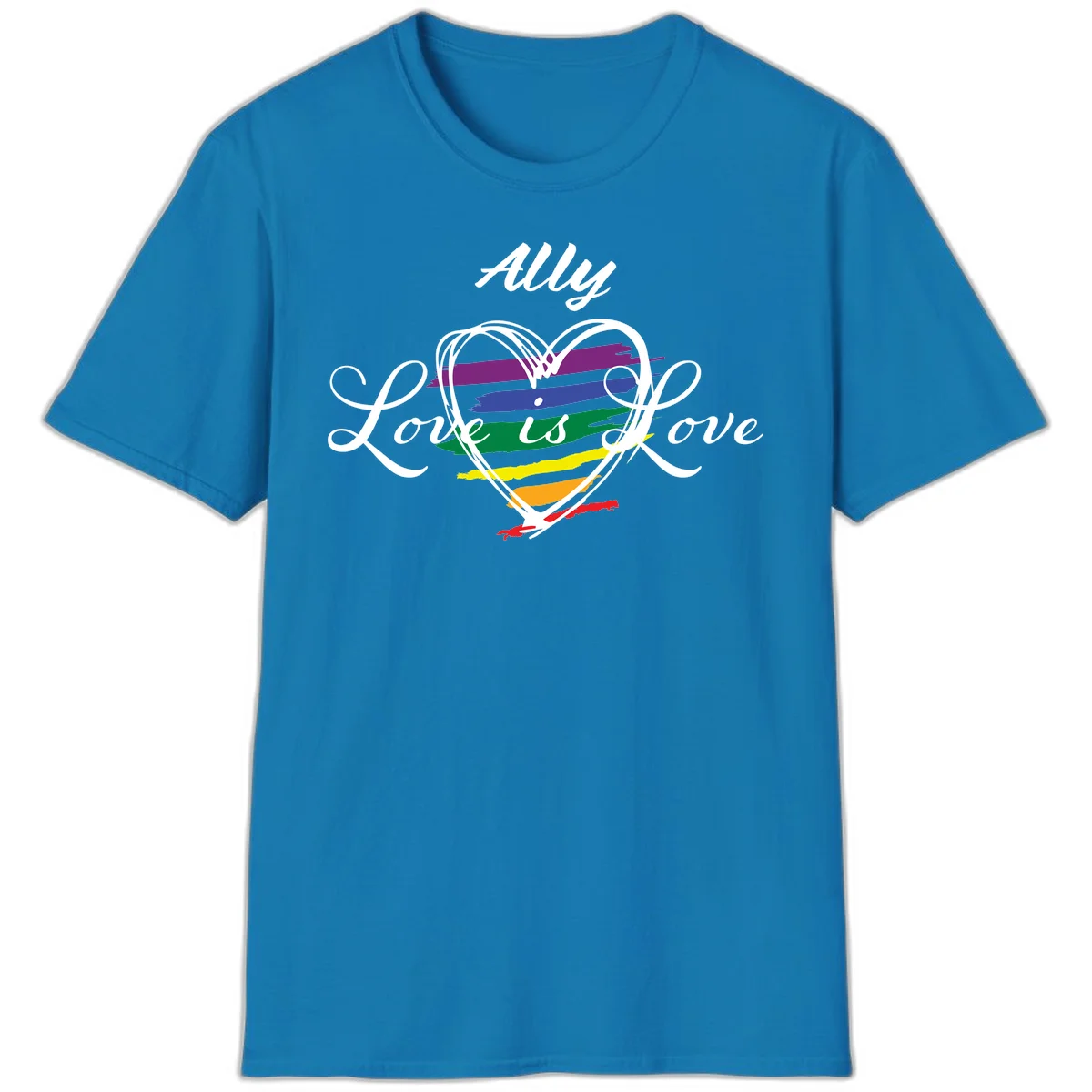White outlined heart with rainbow stripes and 'Ally Love is love' text for pride support in Sapphire