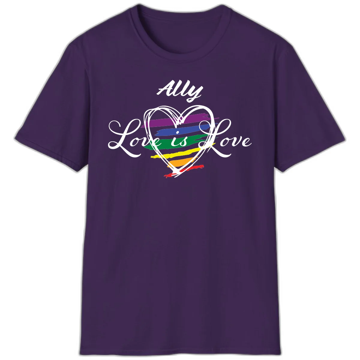 White outlined heart with rainbow stripes and 'Ally Love is love' text for pride support in Purple