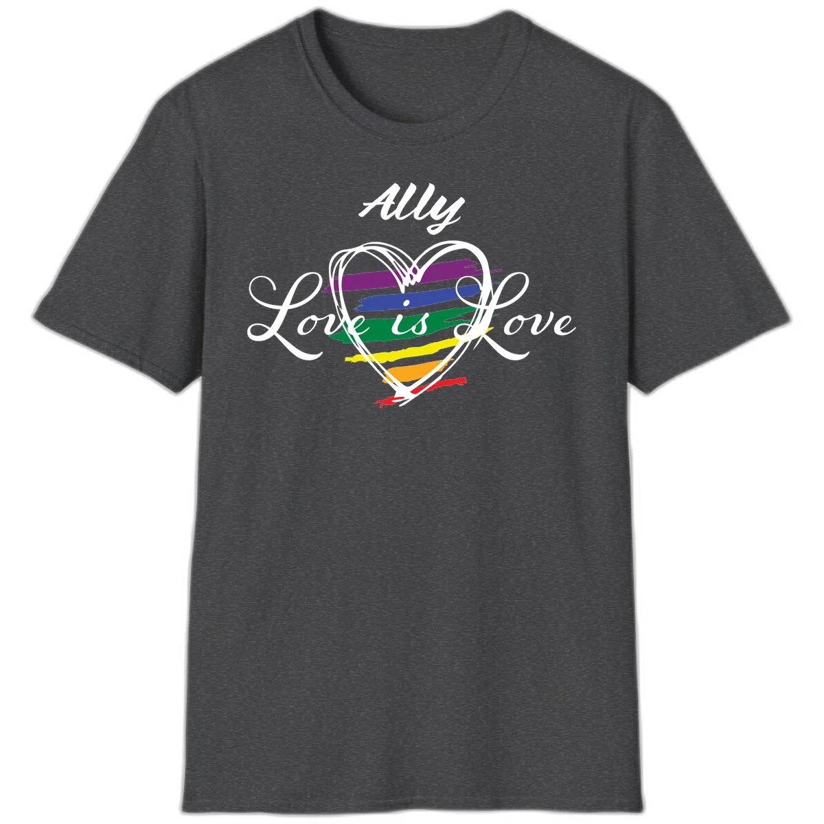 White outlined heart with rainbow stripes and 'Ally Love is love' text for pride support in Dark Heather