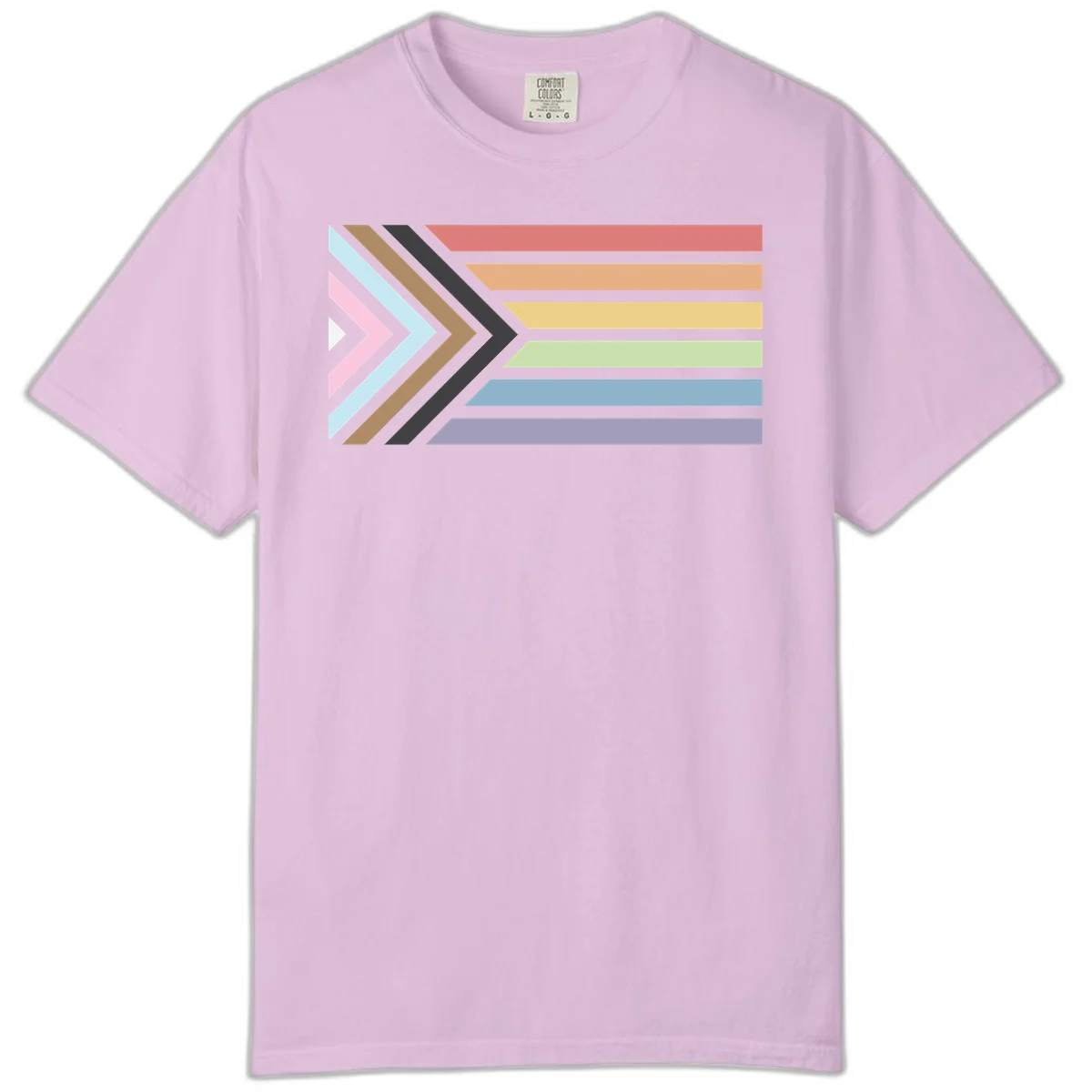 Progress pride arrows design with chevron shapes and rainbow flag stripes representing LGBTQ equality and forward momentum in Orchid