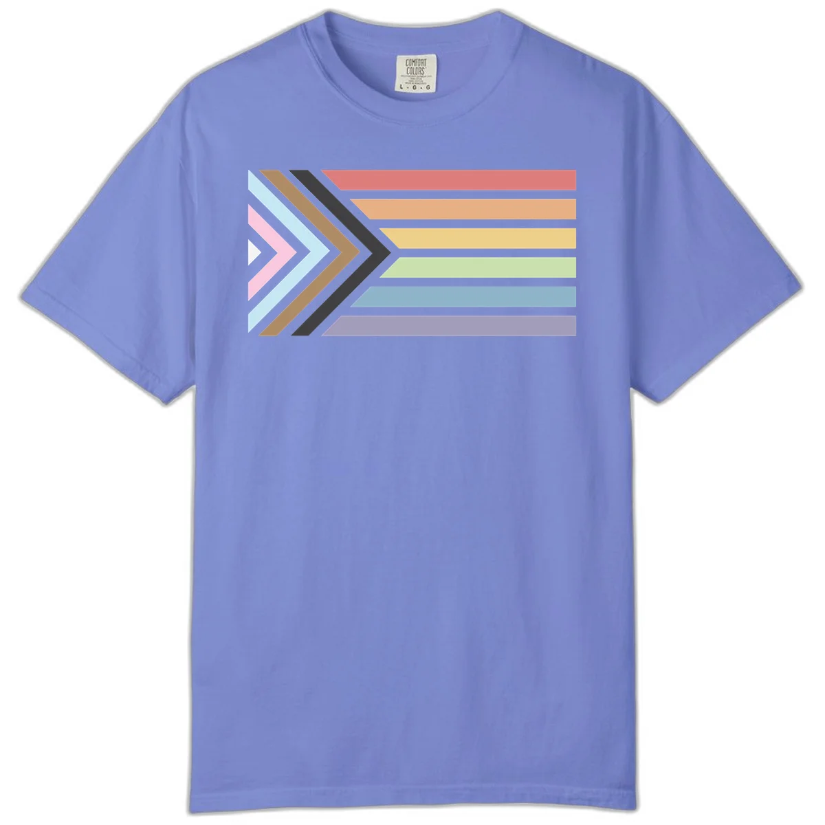 Progress pride arrows design with chevron shapes and rainbow flag stripes representing LGBTQ equality and forward momentum in Flo Blue