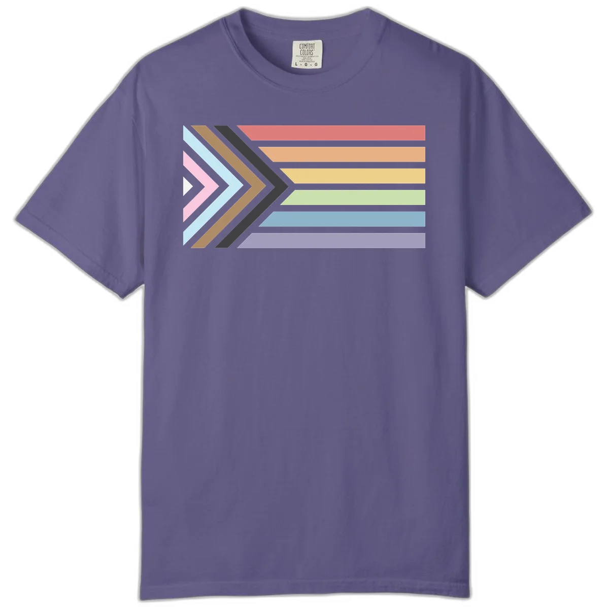 Progress pride arrows design with chevron shapes and rainbow flag stripes representing LGBTQ equality and forward momentum in Grape