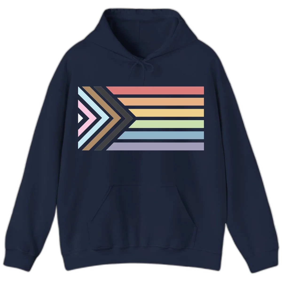 Progress pride arrows design with chevron shapes and rainbow flag stripes representing LGBTQ equality and forward momentum in Navy