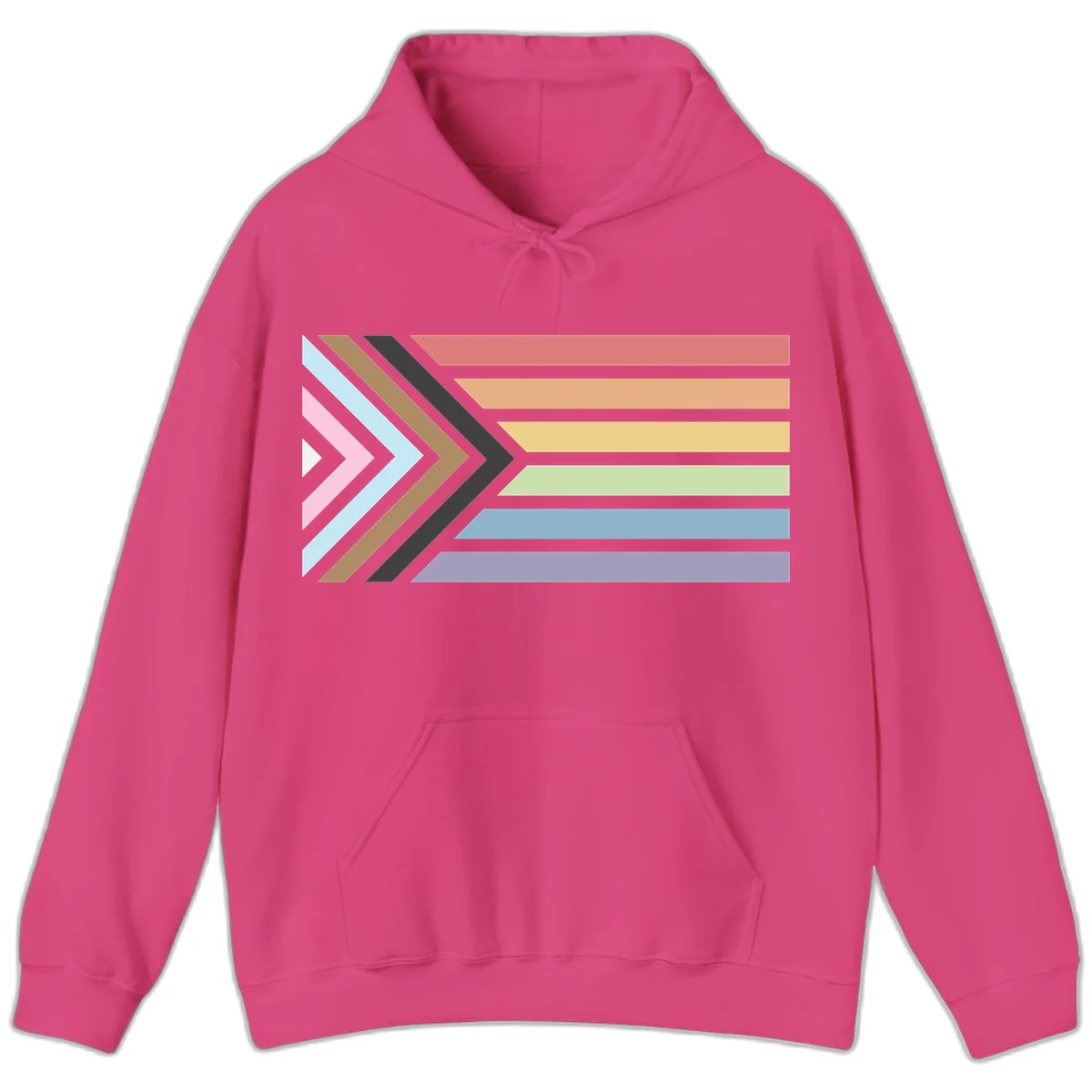 Progress pride arrows design with chevron shapes and rainbow flag stripes representing LGBTQ equality and forward momentum in Heliconia