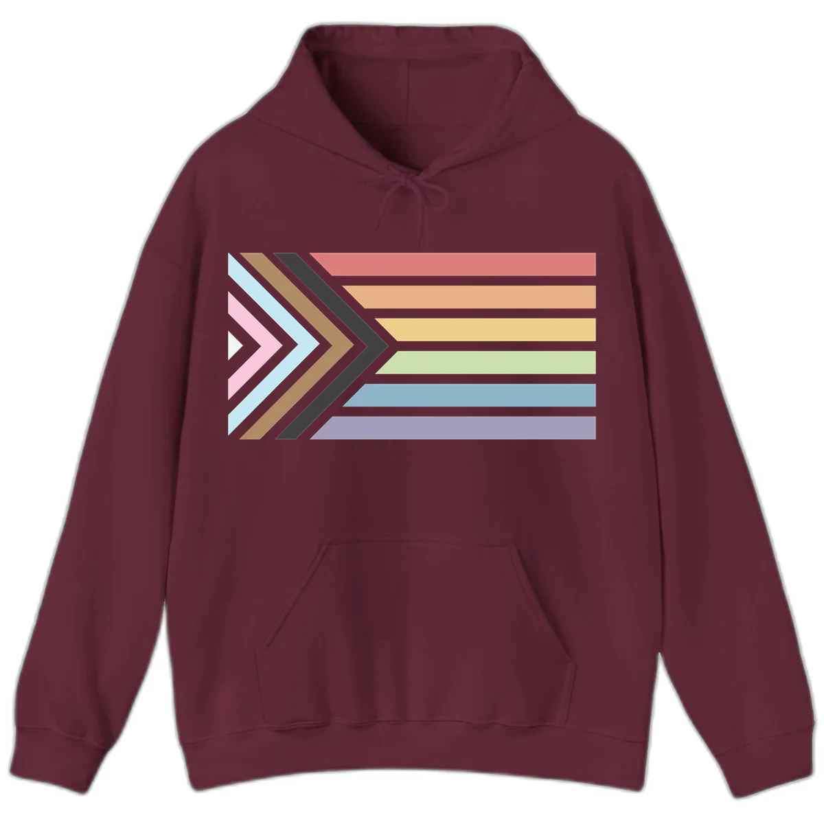 Progress pride arrows design with chevron shapes and rainbow flag stripes representing LGBTQ equality and forward momentum in Maroon