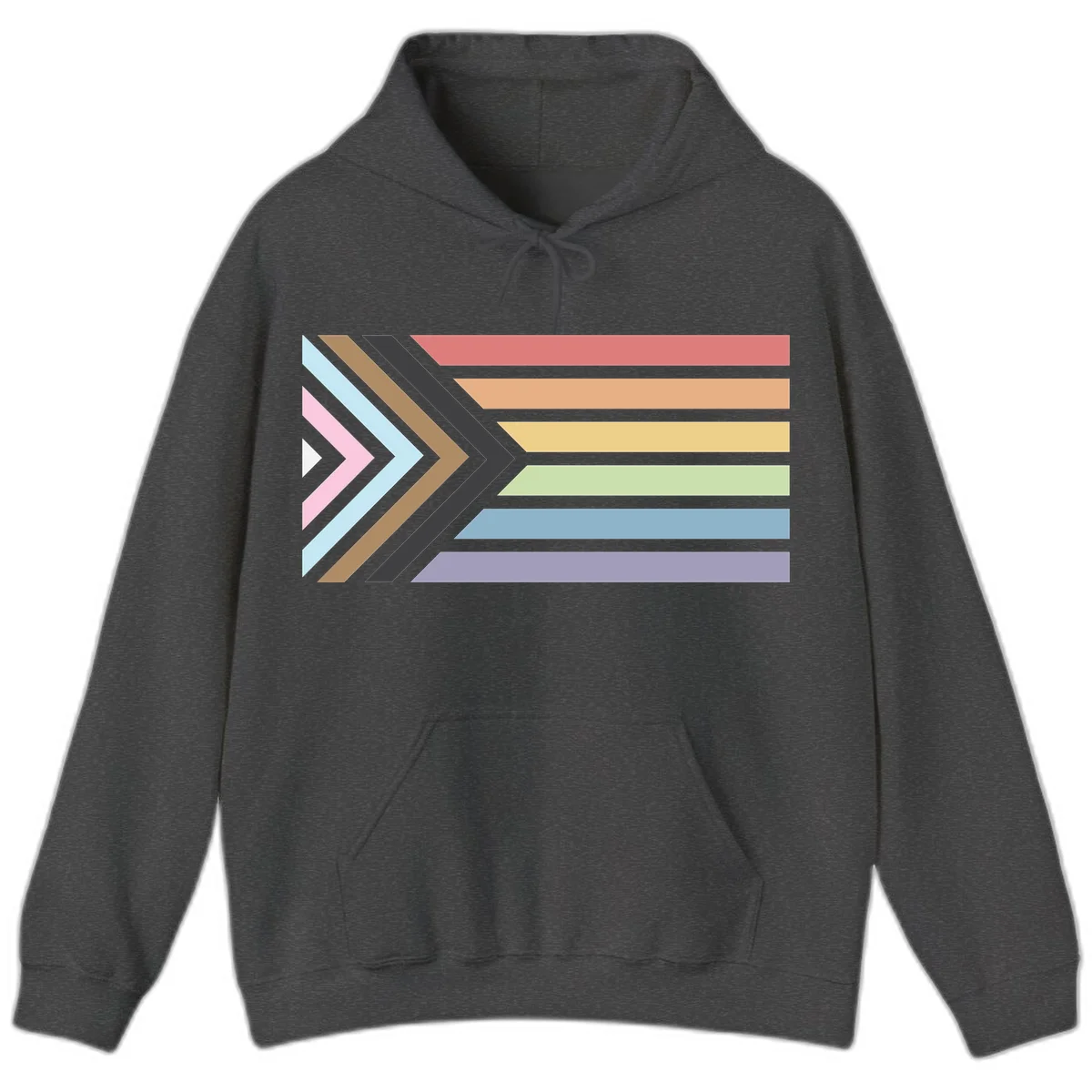 Progress pride arrows design with chevron shapes and rainbow flag stripes representing LGBTQ equality and forward momentum in Dark Heather