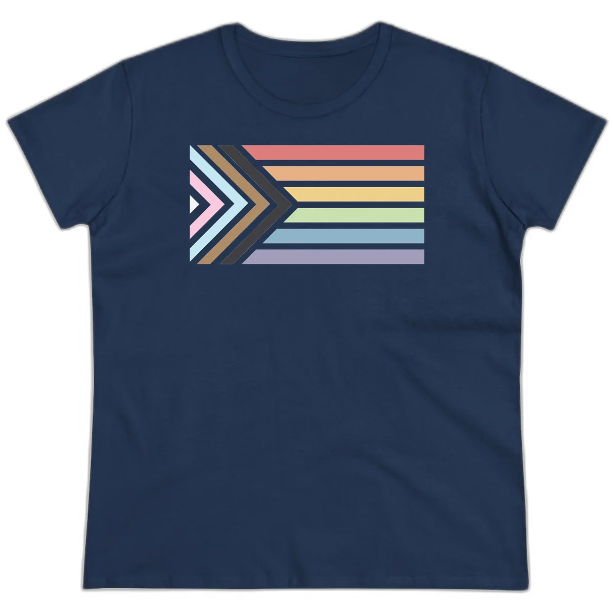 Progress pride arrows design with chevron shapes and rainbow flag stripes representing LGBTQ equality and forward momentum in Navy