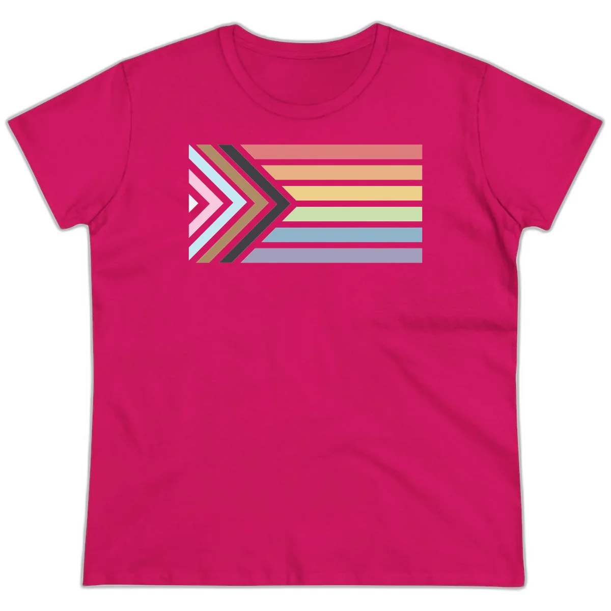 Progress pride arrows design with chevron shapes and rainbow flag stripes representing LGBTQ equality and forward momentum in Heliconia