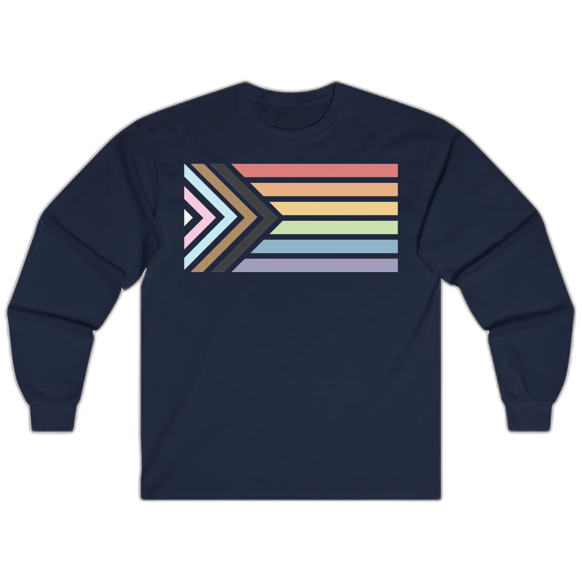 Progress pride arrows design with chevron shapes and rainbow flag stripes representing LGBTQ equality and forward momentum in Navy